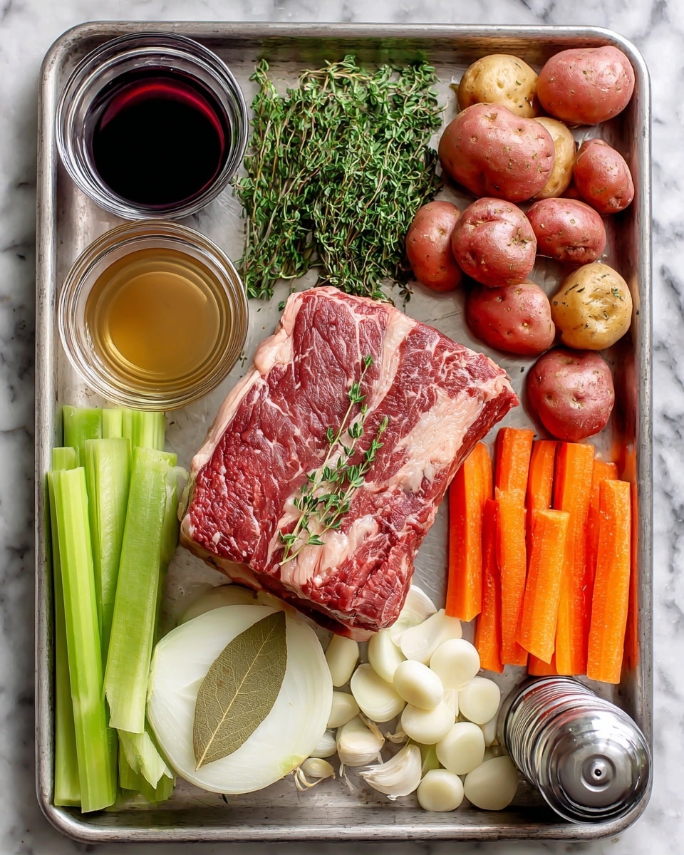 A large metal tray holds ingredients neatly arranged in groups. In the center, a thick, raw chuck roast with red and white marbled texture. Above the roast, there are two clear glass containers: one with dark red wine and the other with brown broth. On the top right, a pile of small red potatoes with smooth, shiny skins. To the lower right, bright orange carrot sticks stacked side by side. Alongside the carrots, pale green celery sticks are placed. Below the roast, a cluster of white chopped onions with a light brown bay leaf and some thyme sprigs resting on top. To the left above the onions, fresh green herbs with curly leaves. Above the herbs, several peeled garlic cloves rest on the tray. A silver pepper grinder is at the bottom right corner. The whole tray sits on a white marbled surface. Photo taken with an iphone --ar 4:5 --v 7