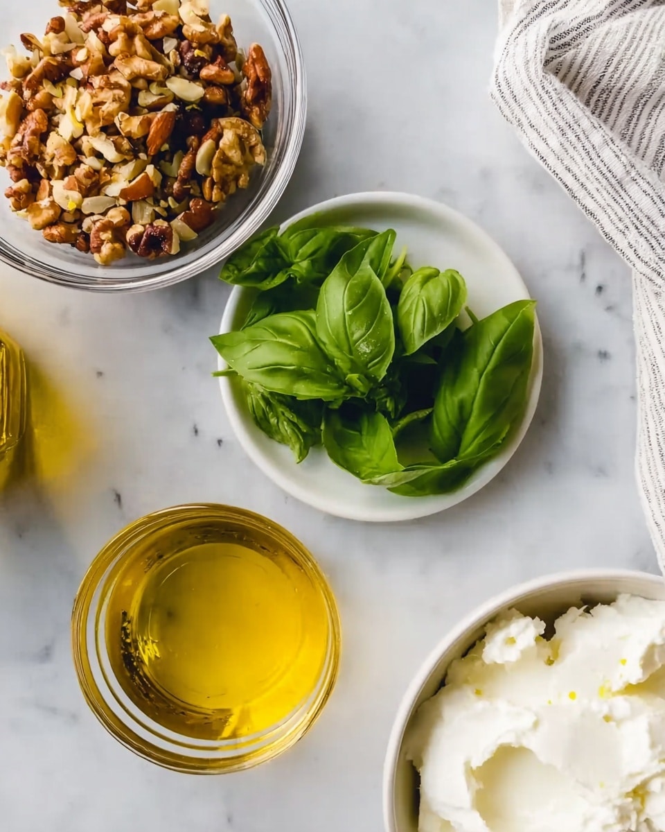 The image shows a close-up of several ingredients on a white marbled surface. There is a small white plate with fresh green basil leaves that have a smooth texture and a few white spots. Above it, there is a clear glass bowl filled with a mix of crushed nuts and light brown dried pieces. Below this bowl, there is a clear glass filled with golden yellow oil that has a smooth surface. Toward the bottom right corner, part of a white bowl with thick white cream or cheese is visible. A woman's hand with light skin tone is partially holding a white and gray striped cloth near the top right corner. photo taken with an iphone --ar 4:5 --v 7