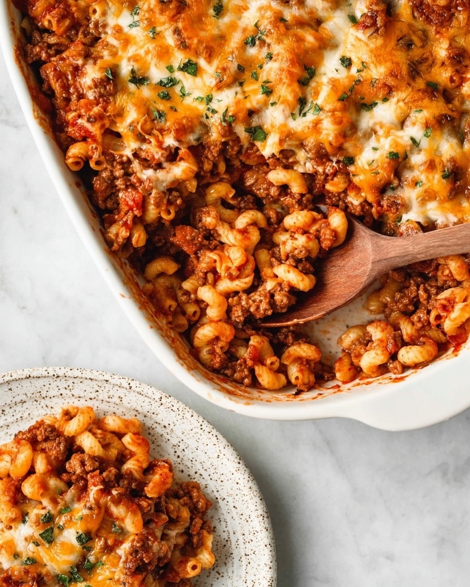 A white baking dish filled with a layered pasta bake, showing a mix of elbow macaroni, ground meat, and tomato sauce evenly spread throughout. The top layer is covered with melted cheddar cheese that is golden and slightly browned in some spots, with some fresh green herb pieces sprinkled on top. A wooden spoon is scooping out a serving, revealing the dense texture of pasta, meat, and sauce inside. Part of the pasta bake is on a white speckled plate below the baking dish, resting on a white marbled surface. photo taken with an iphone --ar 4:5 --v 7
