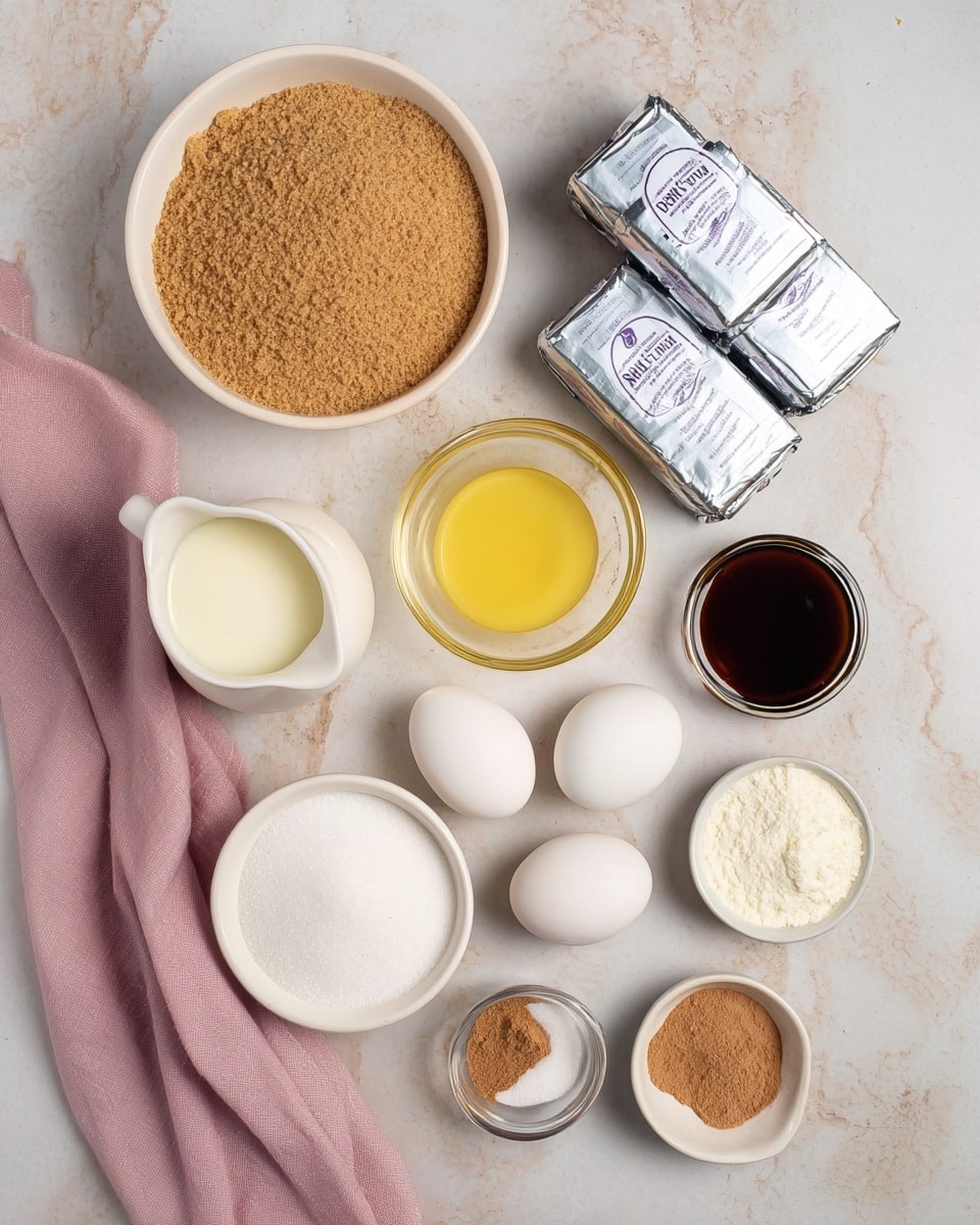 The image shows a white round bowl filled with light brown crumbs, placed at the top left on a white marbled surface. To the right, there are four rectangular silver foil-wrapped blocks stacked unevenly. Below the bowl, there is a clear glass measuring cup with melted bright yellow butter inside. Two white eggs are placed side by side below the butter. Next to the eggs on the left is a small clear glass pitcher holding thick white cream. Below the cream is a white bowl filled with granulated white sugar. To the right side, there are three small round bowls: one with dark brown vanilla liquid, one with white powder, and another with light brown spice powder. The surface includes a soft pink cloth folded at the bottom left corner. Photo taken with an iphone --ar 4:5 --v 7