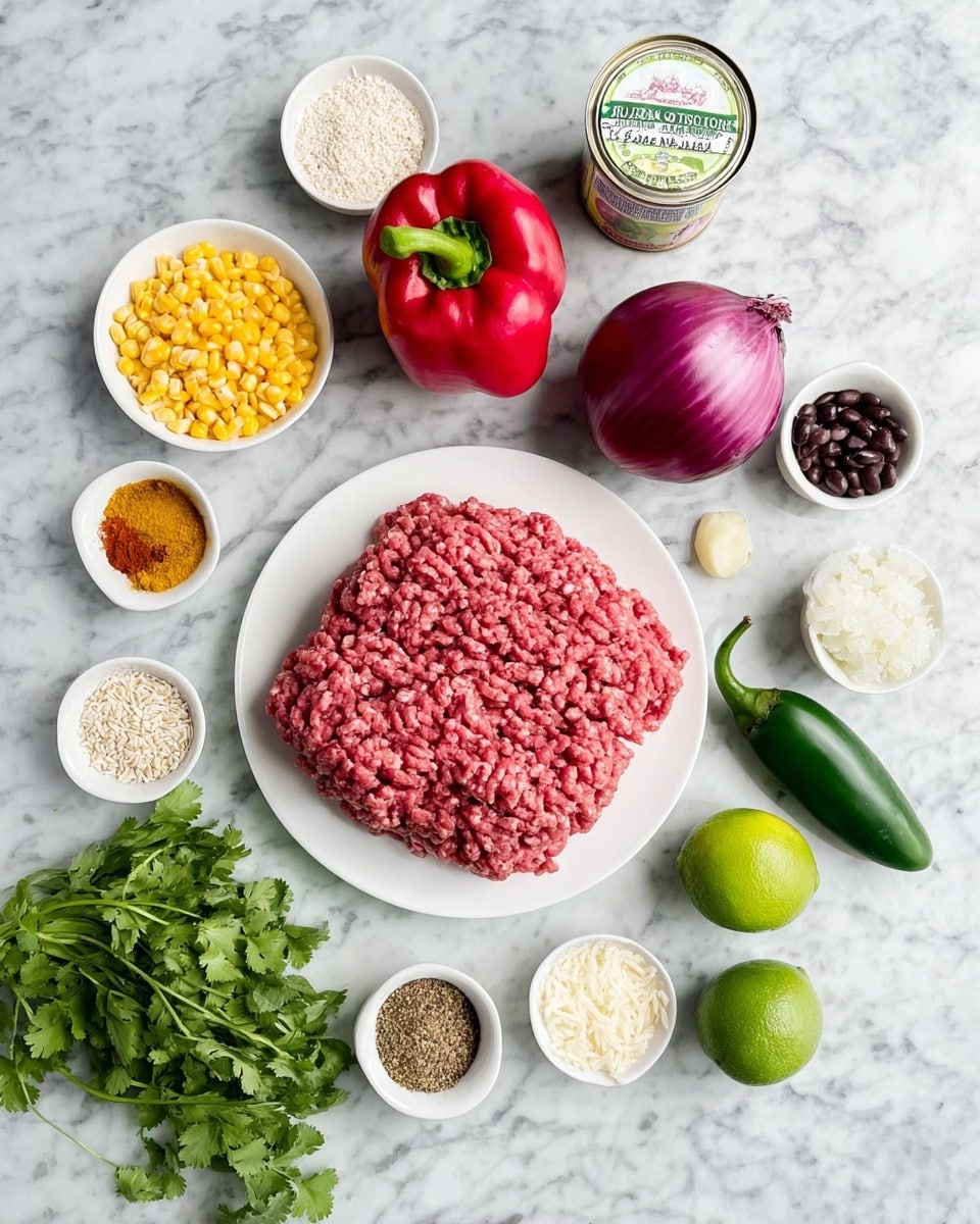 The image shows several cooking ingredients arranged neatly on a white marbled surface. In the middle, there is a white plate holding a large layer of raw ground meat with a red color and a slightly textured surface. Surrounding it are small white bowls with different ingredients: bright yellow corn kernels, a mix of various spices in shades of red, brown, beige, and green, white rice, and small amounts of cumin, salt, and butter. There is also a white can with a label of black beans, a whole red bell pepper with smooth, shiny skin, half a purple onion with visible layers, two halved green limes showing juicy light green interiors, a whole jalapeño pepper with deep green smooth skin, and a bunch of fresh green cilantro with leafy texture. Photo taken with an iphone --ar 4:5 --v 7