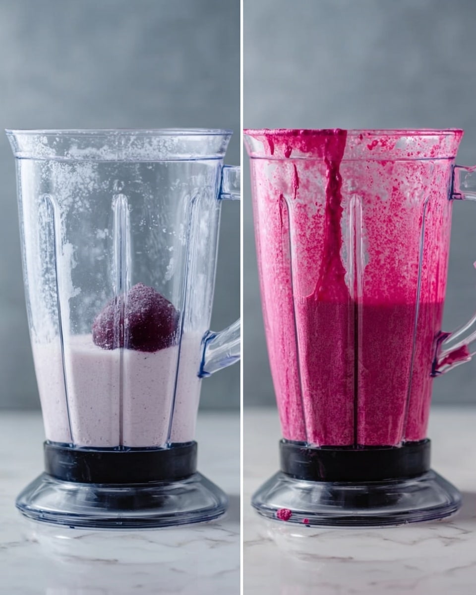 The image shows a clear blender jug on a white marbled surface. In the first part, the blender contains a thick white liquid at the bottom, with a single dark purple fruit resting on it. In the second part, the contents of the blender have been mixed into a smooth, bright pink and purple liquid that fills about three-quarters of the jug, with some of the mixture splashed and streaked along the inside walls. The blender jug has a clear handle and is placed on a black base. photo taken with an iphone --ar 4:5 --v 7