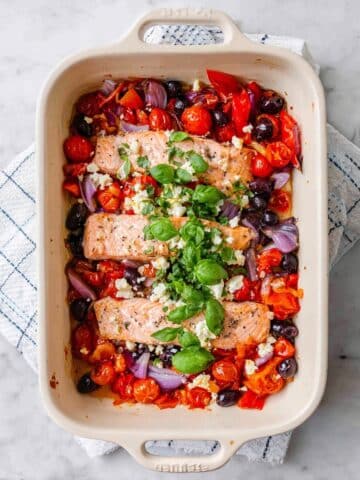 Baked Feta Salmon with Cherry Tomatoes and Olives Recipe