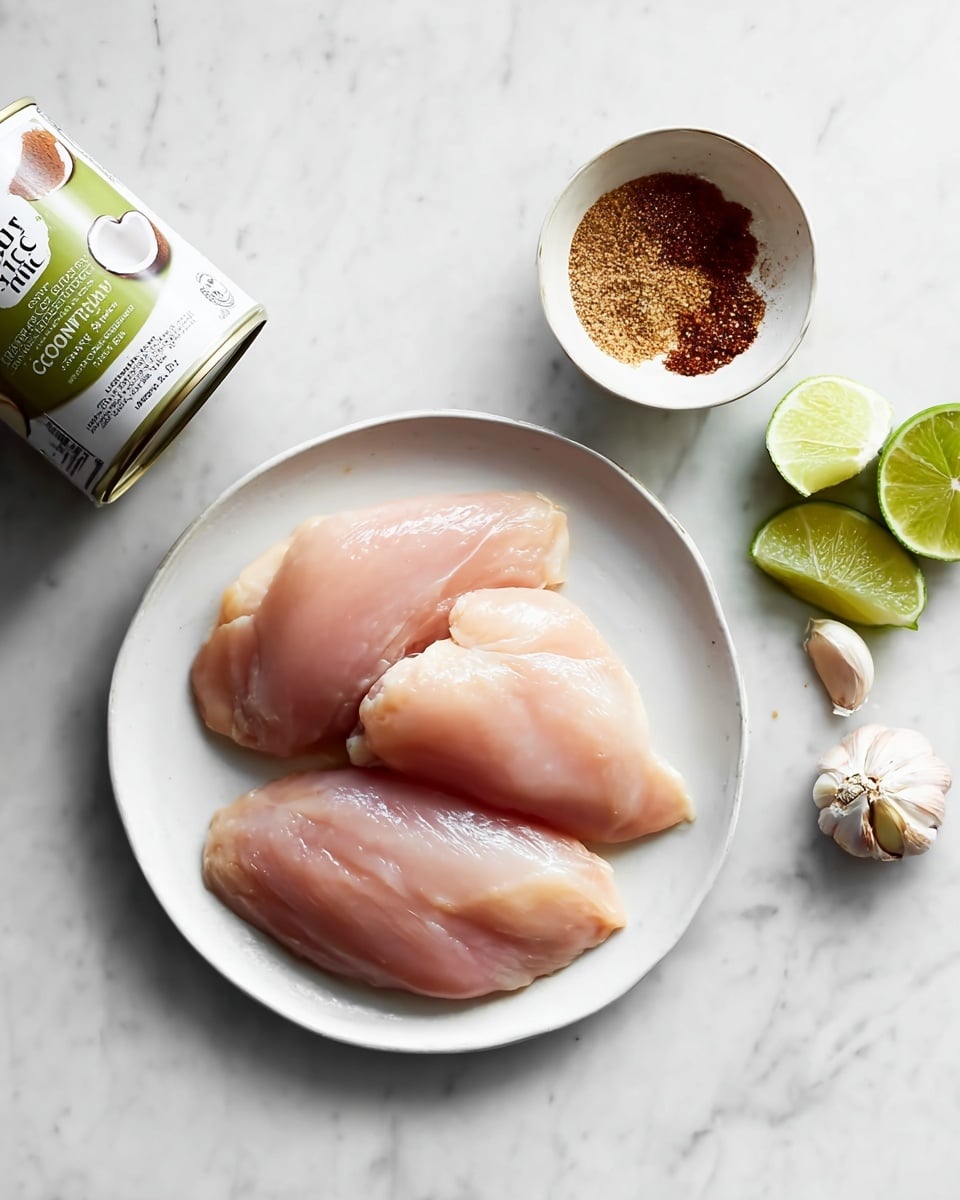 A white plate holds three smooth, pale pink raw chicken pieces stacked slightly on top of each other, showing their soft texture. To the top left, a tilted can of organic unsweetened coconut milk lies on a white marbled surface. Above the plate, a small white bowl contains a mix of brown, red, and white spices, with a grainy and powdery texture. To the right of the bowl, two green lime wedges and a couple of garlic cloves rest, adding a fresh and natural touch. The whole scene is arranged on a clean white marbled surface. photo taken with an iphone --ar 4:5 --v 7
