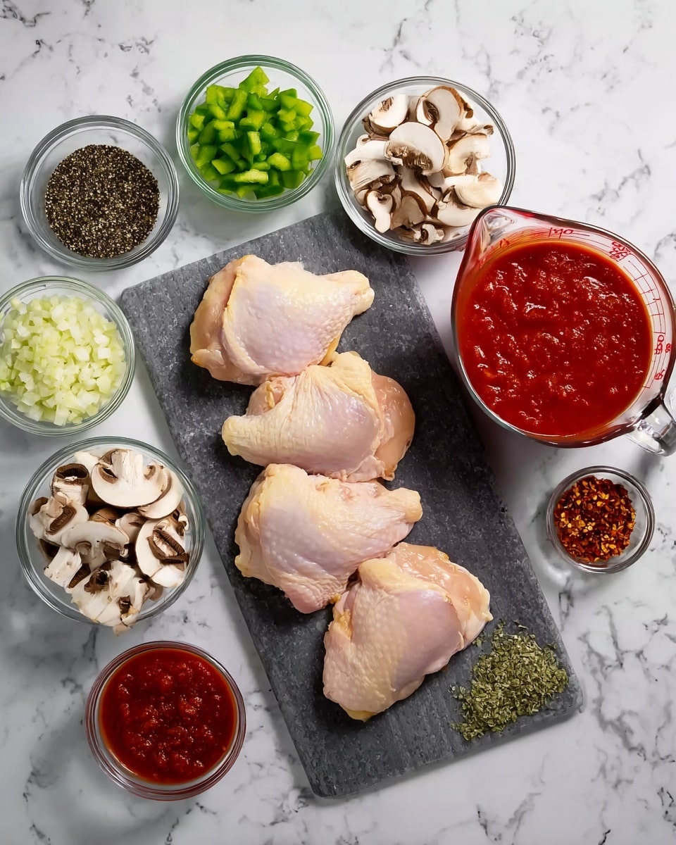 The image shows four raw chicken pieces placed evenly on a dark grey cutting board at the center, surrounded by small clear glass bowls filled with different ingredients. From the top left, there are bowls containing black pepper, green bell pepper pieces, finely chopped onions, tomato paste with a deep red color, sliced brown mushrooms, minced garlic, red chili flakes, dried oregano, and a large glass measuring cup filled with red tomato sauce. The background is a white marbled texture. There is no woman's hand in the image. photo taken with an iphone --ar 4:5 --v 7