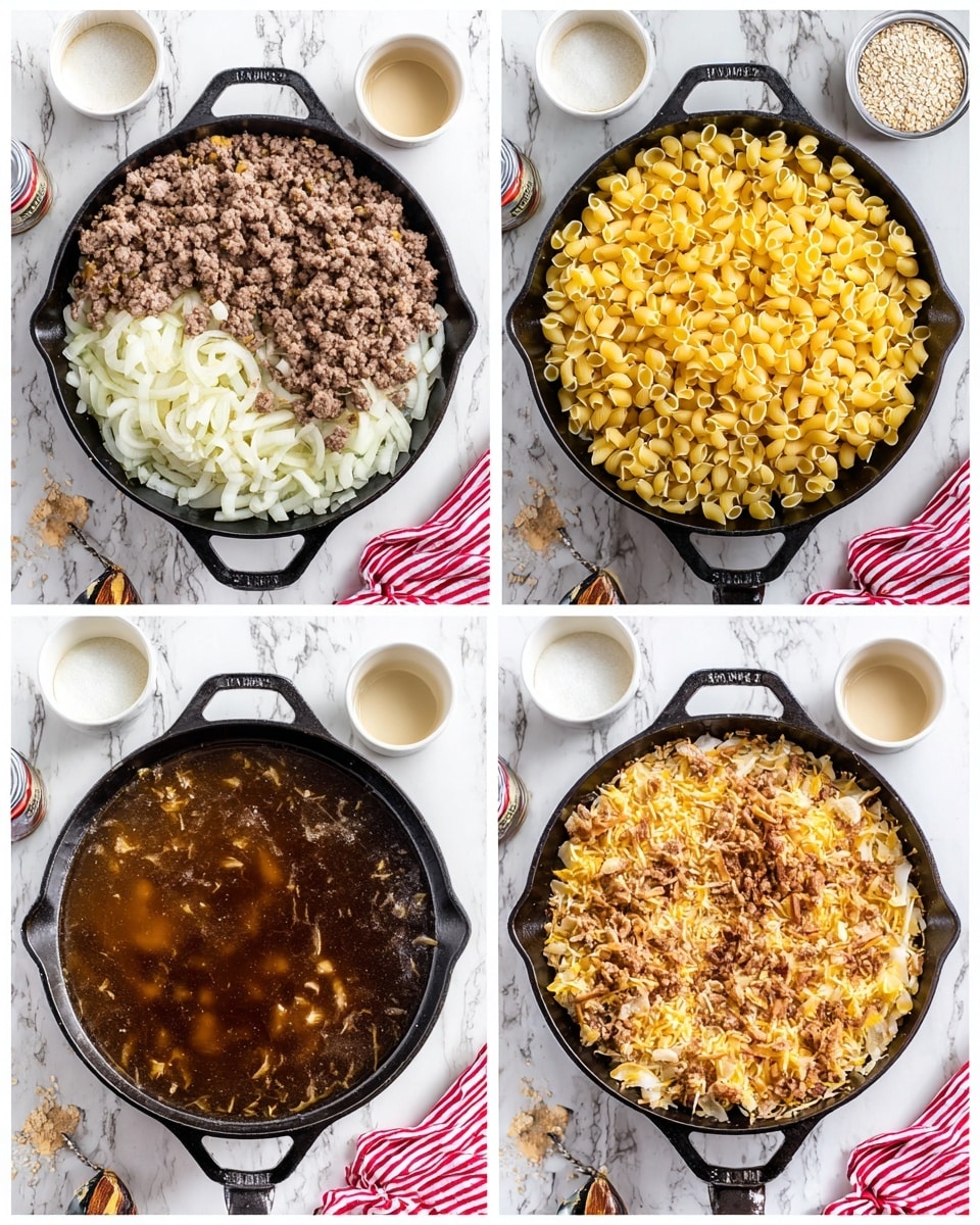A black cast iron skillet sits on a white marbled surface, shown in four stages of cooking. In the first image, there is a base layer of sliced pale onions spread evenly, topped with browned ground meat and a small pile of light-colored oats in the center right of the skillet. In the second image, a layer of uncooked yellow shell pasta is added, covering the right half of the skillet, while the onions, meat, and oats remain on the left side. The third image shows the skillet filled with dark brown broth poured over the previous ingredients, filling the pan almost to the top, with some chopped darker items on the surface. In the fourth image, the skillet is filled with a golden-brown cooked mixture topped with a layer of grated pale cheese and crispy fried onions, covering the whole surface. Around the skillet are small white bowls, an open can, and a red-striped cloth. photo taken with an iphone --ar 4:5 --v 7