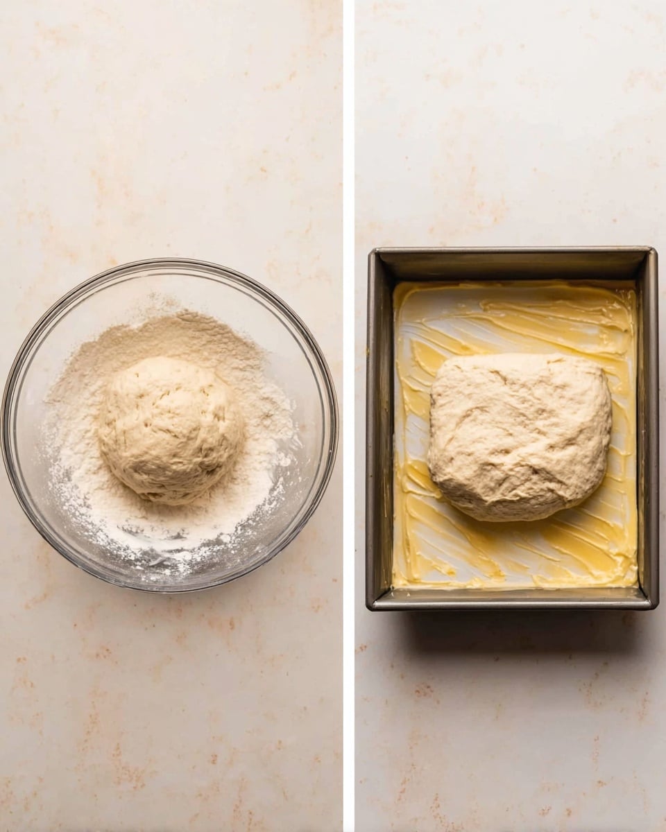 The image shows two separate views of dough preparation. On the left, there is a clear glass bowl with a pale beige, soft, and slightly sticky dough ball resting in the center, surrounded by a thin dusting of flour on the bowl’s sides. The dough has a smooth yet slightly rough texture with some small air bubbles visible. On the right side, the dough is placed in a square metal baking pan lined with parchment paper, which has a thick layer of butter spread unevenly, visible as shiny golden streaks on the pan's white marbled surface. The dough is roughly oval-shaped, centered in the pan, with a soft, slightly bumpy texture showing small craters and air pockets. Photo taken with an iphone --ar 4:5 --v 7