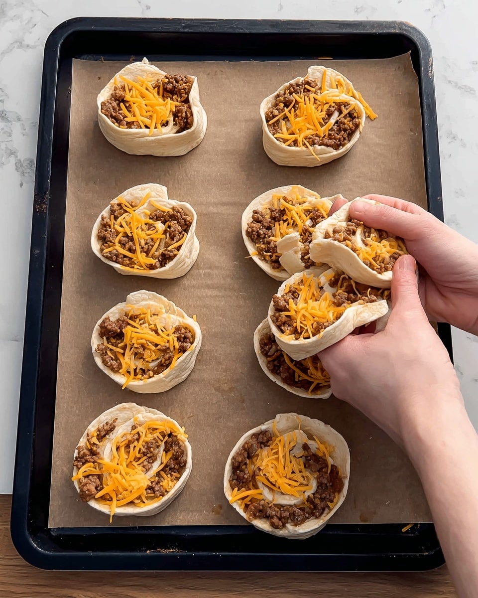 Eight uncooked rolled tortillas are on a black baking tray lined with brown parchment paper, each shaped like a pinwheel with three visible layers: a light beige outer tortilla, a middle layer of shredded orange cheese, and an inner layer of cooked brown ground meat mixed with small bits of onions. The tortillas are spaced apart on the tray, with a woman's hands holding and pulling apart one of the rolls at the top right corner. The tray sits on a white marbled surface. photo taken with an iphone --ar 4:5 --v 7