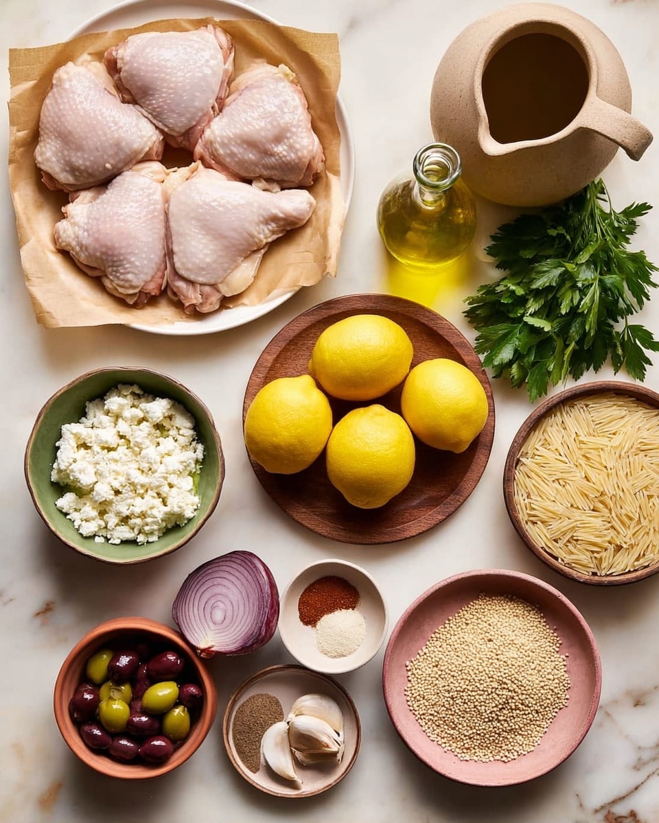 The image shows a top view of various raw cooking ingredients arranged neatly on a white marbled surface. At the top left, there is a white plate lined with brown parchment paper holding six pieces of uncooked chicken thighs with pale pink skin. Next to it, a clear glass bottle filled with golden olive oil stands upright. Below the bottle, a round beige ceramic teapot with a spout is filled with a brown liquid. To its right, a light brown plate holds fresh green parsley leaves. In the center, a round wooden plate carries three bright yellow lemons. Surrounding these are several small dishes: a white scalloped bowl filled with white crumbled cheese, a small brown bowl with a mix of green and purple olives, a pink bowl with three garlic cloves, and a tiny brown bowl with ground pepper. A whole brown onion sits near the bottom. On the right, a shallow wooden bowl is filled with uncooked orzo pasta. At the top right corner, a round plate holds four different ground spices arranged in equal sections with colors beige, green, brown, and red. The whole setup is organized and visually clear. photo taken with an iphone --ar 4:5 --v 7