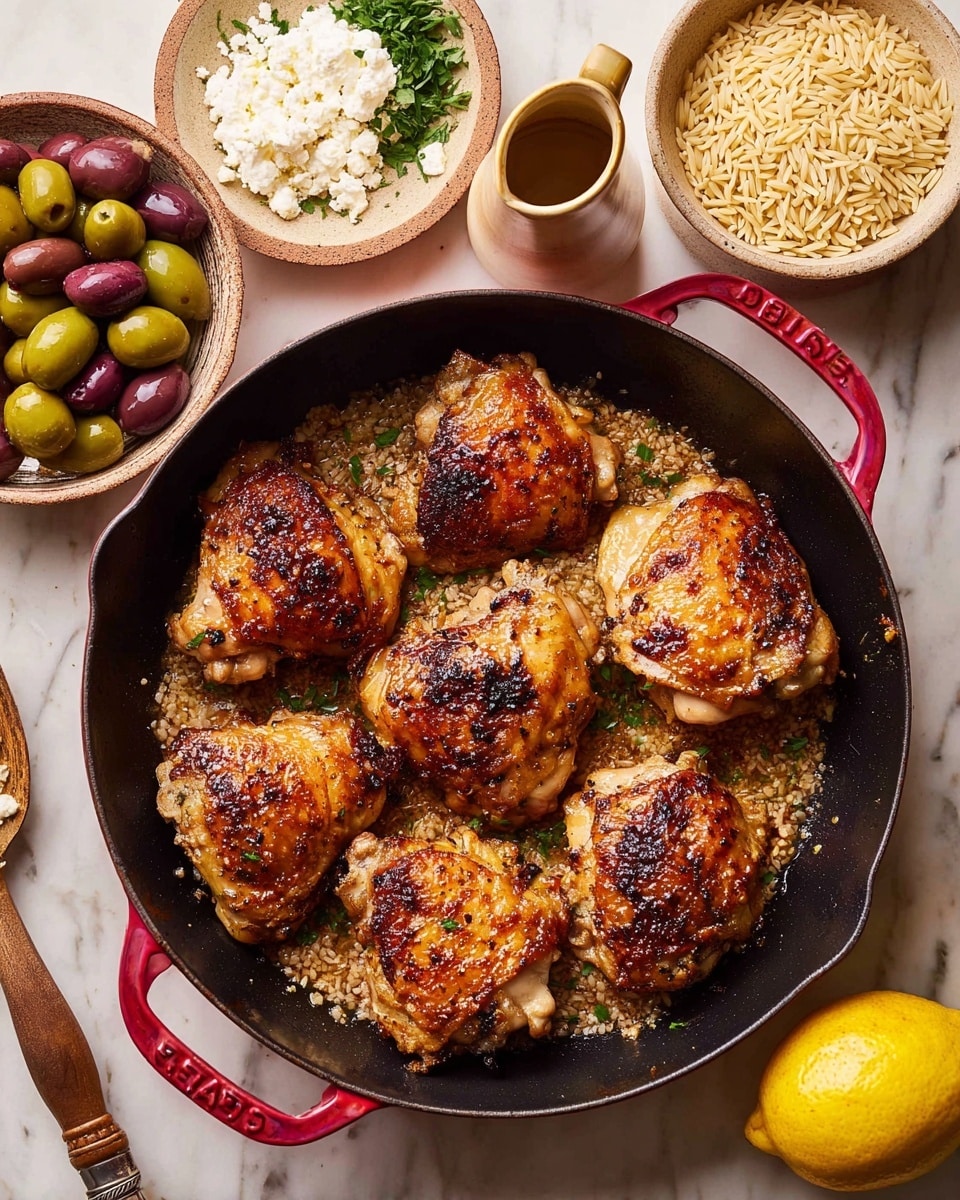 A black pan with a red handle sits on a white marbled surface, filled with six pieces of golden brown roasted chicken thighs, each with a crispy, slightly charred skin and rich texture. Around the pan, there is a white bowl with green and purple olives on the left, a beige plate holding white crumbly cheese with green parsley beside it, a beige jug filled with light brown liquid above the pan, and a beige bowl filled with uncooked orzo pasta on the top right. A whole yellow lemon is placed near the bottom right on the surface. photo taken with an iphone --ar 4:5 --v 7