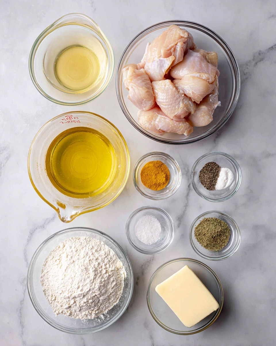 The image shows eight clear glass bowls arranged on a white marbled surface. At the top center, a bowl contains several raw, pale pink chicken pieces with a smooth, slightly shiny texture. To its left, a smaller bowl holds a light yellow liquid, likely oil. Below it, a glass measuring cup filled with a yellow broth sits. Below and to the right of the broth, a bowl contains a pile of white flour with a powdery texture. To the right of the chicken, a small bowl has white salt and black pepper. Below it, two small bowls hold different spices: one with garlic powder and onion powder, and the other with bright yellow mustard. In the center, another bowl contains a pale yellow stick of butter. The overall setup is neat and clear, presented on the white marbled texture. photo taken with an iphone --ar 4:5 --v 7