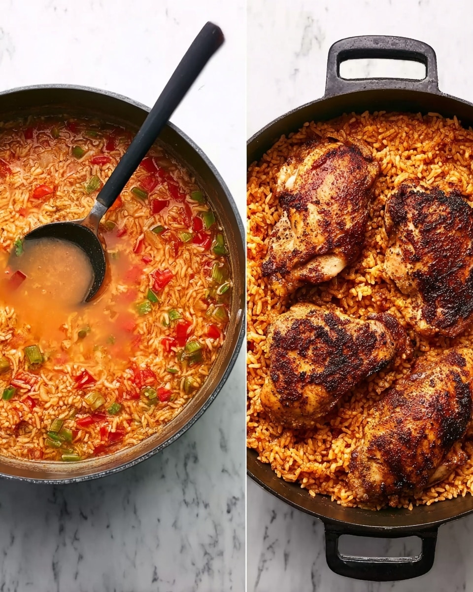 The image shows two black pans on a white marbled surface. The first pan contains a soup-like mixture with light reddish-orange liquid, small pieces of red, and green vegetables, and some rice grains floating on top, with a black spoon stirring the mixture. The second pan shows the finished dish with four large, dark brown, cooked chicken pieces placed on top of a bed of orange-brown cooked rice mixed with small red and green pieces throughout. The texture of the chicken is slightly rough and spicy looking, and the rice looks fluffy and moist. photo taken with an iphone --ar 4:5 --v 7
