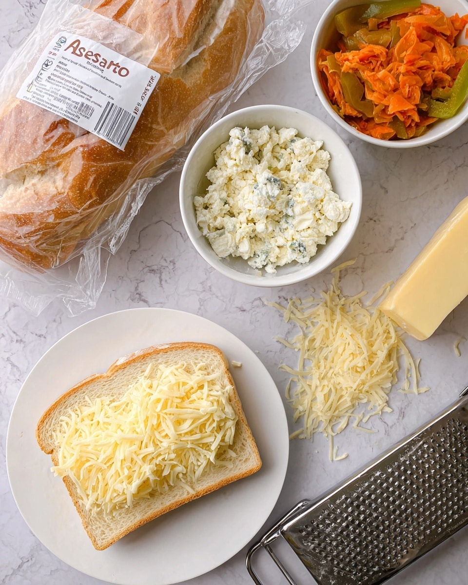 The image shows a slice of white bread on a white plate, topped with a layer of shredded pale yellow cheese spread evenly. Nearby, there is a white bowl filled with crumbled white cheese with some green blue mold bits, and another white bowl containing shredded orange meat with green bell pepper pieces mixed in. A partially unwrapped stick of yellow butter and a metal grater with some shredded cheese on it are also present. In the top left, a loaf of Artesano style bread in a plastic bag leans against the white marbled surface. photo taken with an iphone --ar 4:5 --v 7