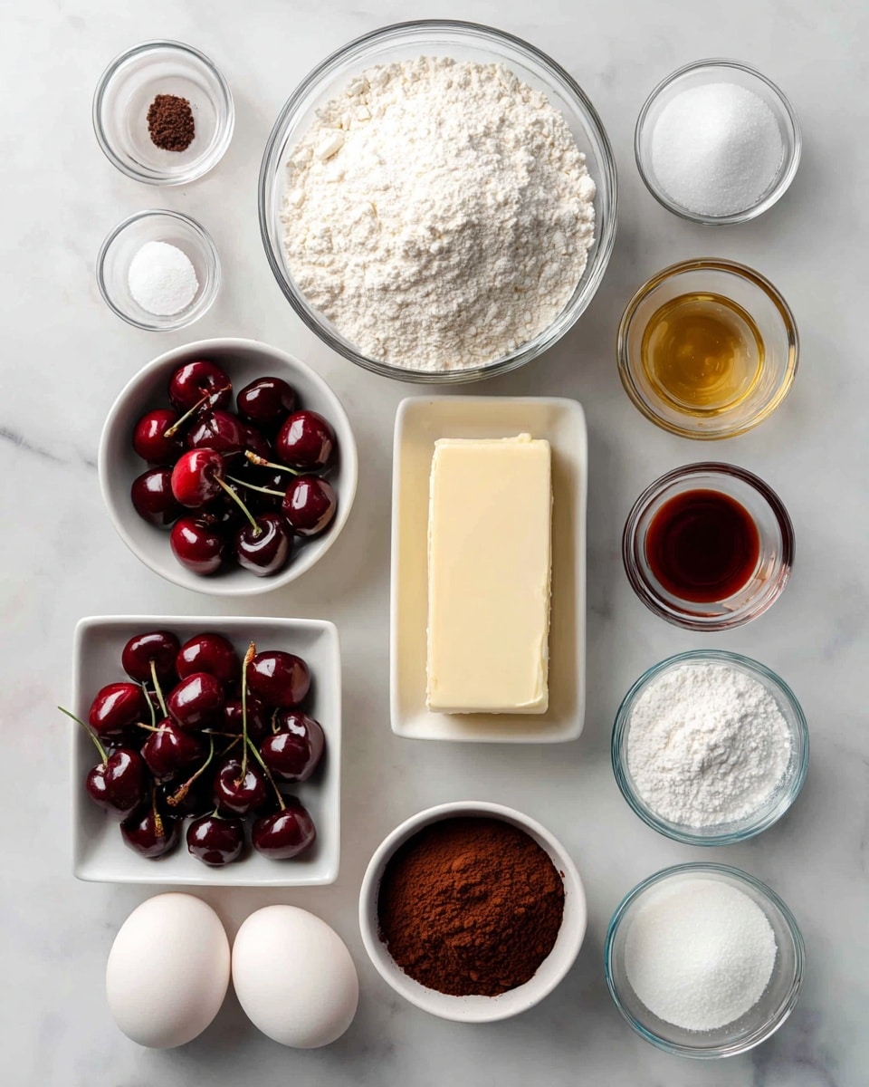 A top-down view of 12 ingredients neatly arranged on a white marbled surface, each in clear glass bowls or white containers. At the top center is a large bowl of fine white flour with a soft texture, next to it on the right is a similarly sized bowl of white granulated sugar. Below the flour is a bowl of rich brown cocoa powder with a smooth surface, and next to it is a rectangular stick of pale yellow butter. Two white eggs sit side by side below the cocoa powder. A small glass bowl of dark brown espresso powder is placed near the eggs. A white square bowl filled with shiny, deep red cherries with green stems is in the bottom left corner. Other small clear bowls contain coarse white salt, light golden vanilla extract, milky white liquid, white baking powder, and a clear liquid kirsch. The label tags with ingredient names are placed next to each item. Photo taken with an iphone --ar 4:5 --v 7