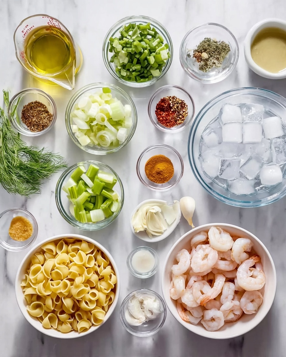 The image shows a white bowl filled with small yellow pasta shells on the right center. Below it is another white bowl containing peeled shrimp with a pink and white color. To the right is a clear glass bowl filled with ice cubes. On the left side, there are multiple small clear bowls with different ingredients: sliced celery, green herbs, sliced shallots, sliced green beans, and fresh dill. Above these are tiny clear bowls holding spices like chili flakes, black pepper, salt, minced garlic, reddish-orange spice powder, and a small amount of yellow mustard. A glass measuring cup with light golden oil and a small bowl with light yellow liquid are on the far left. All bowls and ingredients are placed on a white marbled surface. Photo taken with an iphone --ar 4:5 --v 7