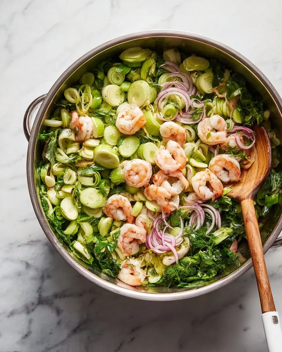 A large metal bowl sits on a white marbled surface, filled with a colorful salad. The bottom layer is made of green leafy vegetables mixed with fresh herbs, topped with oval-shaped light green slices of celery and thin rings of pale purple onion. On top, there are several pink and white cooked shrimp scattered evenly. A wooden spoon with a white silicone tip rests inside the bowl, partially covered by the salad. photo taken with an iphone --ar 4:5 --v 7