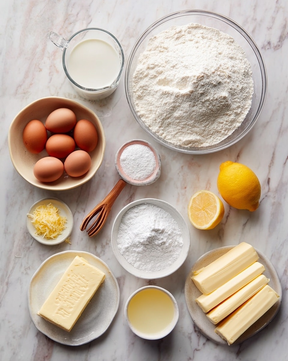 The image shows various baking ingredients neatly arranged on a white marbled surface. There is a large clear glass bowl filled with white flour on the right side. Below it, there is a small white plate with three small piles of white powders, likely baking soda, baking powder, and salt. To the left of that is a beige bowl filled with white sugar. Below the sugar bowl, there is a block of cream cheese partially unwrapped and four sticks of butter also partially unwrapped on the right. Above the sugar bowl, there is a small white bowl with three brown eggs. Next to the eggs is a wooden citrus reamer resting on a small white bowl of two lemon halves. To the left of that, there is a lemon and a very small white bowl of lemon zest and juice. Above all of this, there is a glass measuring cup with milk and another glass measuring cup with powdered sugar in the bottom left corner. photo taken with an iphone --ar 4:5 --v 7