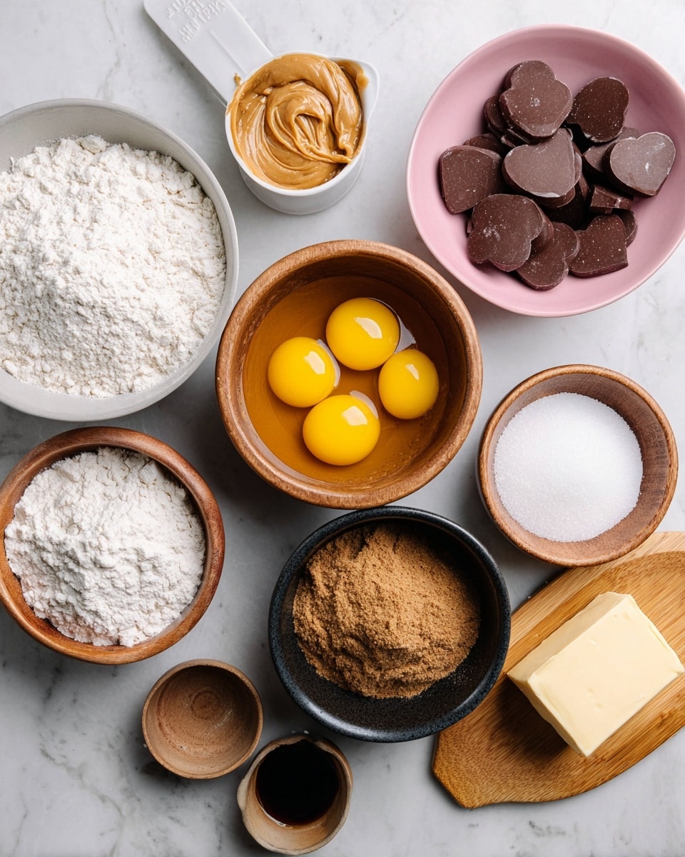The image shows several ingredients arranged neatly on a white marbled surface. There are seven containers: a white bowl filled with white flour at the bottom left, a white measuring cup filled with peanut butter in the middle, a wooden bowl with beaten yellow eggs to the left, a pink bowl filled with heart-shaped chocolate pieces at the top right, a wooden bowl with white granulated sugar to the right, a black bowl with packed brown sugar in the center, a small wooden bowl with salt below the black bowl, and another small wooden bowl with a dark liquid nearby. There is also a small wooden plate at the right edge with a block of butter. The colors are soft and natural, showing smooth, textured, and granular surfaces. photo taken with an iphone --ar 4:5 --v 7