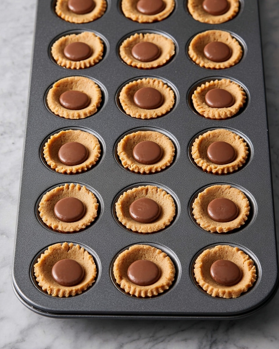 A dark gray muffin pan holds fifteen peanut butter cookie cups, each with a single milk chocolate candy placed in the center. The cookie layer has a light golden brown color with a soft texture, slightly raised around the edges, forming a shallow cup shape. The chocolate candy layer on top is smooth and round with slightly ruffled edges, contrasting with the cookie’s texture and color by being a medium brown. The pan rests on a white marbled surface. photo taken with an iphone --ar 4:5 --v 7