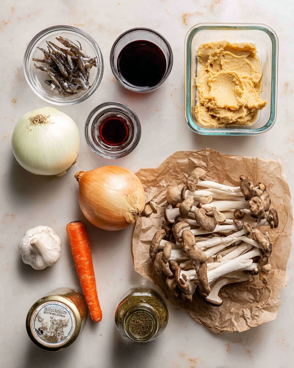 The image shows several cooking ingredients arranged on a white marbled texture. On the bottom right, a bunch of various mushrooms with pale beige and brown colors sit on crumpled brown paper. Above the mushrooms, a clear rectangular container holds pale yellow miso paste with a smooth texture. To the left of the miso paste, a small clear bowl contains dark brown anchovies. Above the anchovies, a small clear glass holds red wine, dark purple in color. Next to the anchovies on the left side is a half onion with white layers and a smooth shiny surface. In the middle left, a medium-sized orange carrot lies next to a white garlic bulb with papery skin. Near the carrot, a green bottle of oregano spices is placed upright. To the right of the miso paste, a jar of mushroom bouillon with a dark lid is visible. The whole setup is well lit, showing natural colors and textures of each item. Photo taken with an iphone --ar 4:5 --v 7