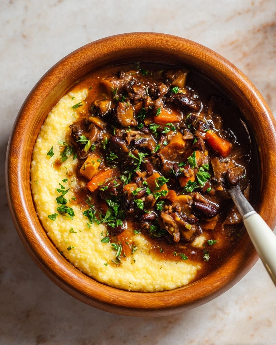 A round wooden bowl holds a two-layer dish starting with a creamy yellow layer of soft grits at the bottom. On top, there is a rich dark brown stew made of small pieces of carrots and mushrooms, mixed with a shiny sauce and some green parsley sprinkled around. The bowl is placed on a white marbled surface. On the right edge, there is a white-handled spoon inside the bowl. photo taken with an iphone --ar 4:5 --v 7