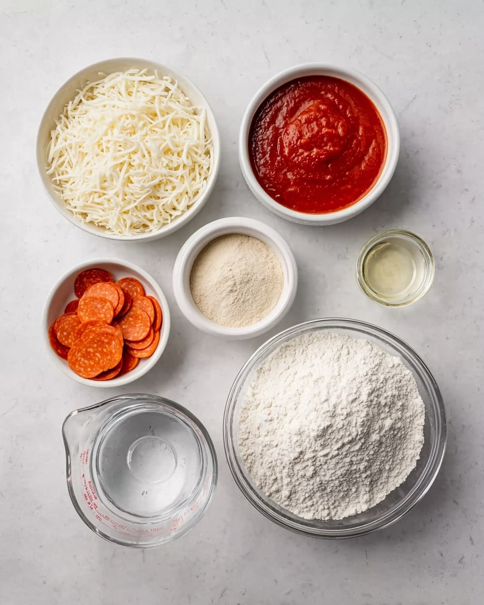 The image shows eight white bowls and a clear measuring cup arranged on a white marbled surface. Starting from the top left, there is a bowl filled with shredded white cheese, and next to it is a bowl with smooth red tomato sauce. Below these, a smaller bowl contains light beige dried yeast, and next to it is a tiny bowl with white salt. On the top right side, a bowl has a small amount of clear oil, while below it on the far right is a large bowl filled with white flour. At the bottom left, a clear measuring cup contains water, and next to it on the right is a bowl with thin, round slices of orange pepperoni. The setup is neat with all ingredients clearly visible and spaced out, photo taken with an iphone --ar 4:5 --v 7