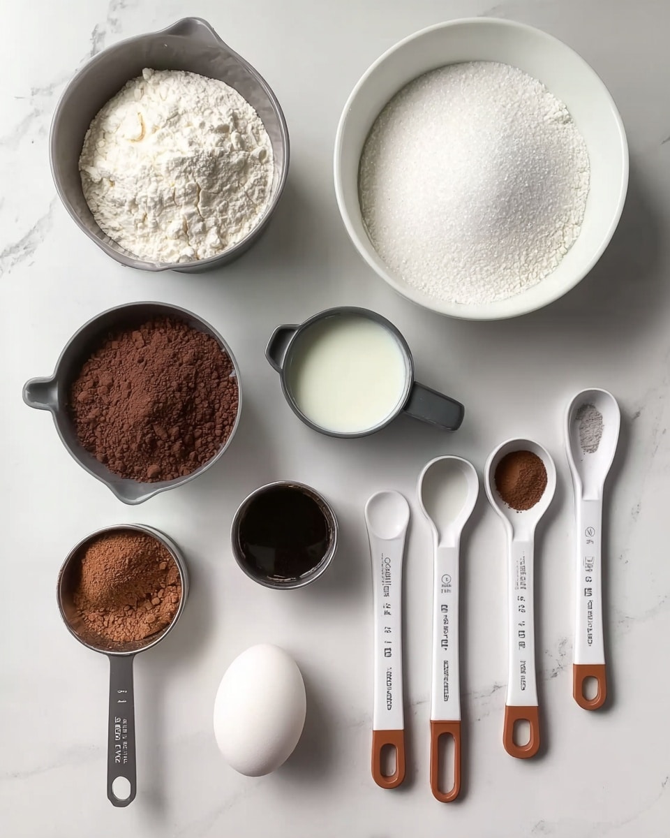 A top-down view shows various baking ingredients arranged neatly on a white marbled surface. In the top right, there is a white bowl filled with white granulated sugar. Below it, a smaller white bowl contains a white liquid, likely milk. To the left, three measuring cups are filled with different dry ingredients: the largest holds white flour, the middle one has dark brown cocoa powder, and the smallest has a dark liquid, probably vanilla extract. Below these, a white egg is placed near a small measuring spoon filled with a finely ground brown powder. At the bottom right, a ring of different sized white and brown measuring spoons lies flat on the surface. The overall setup is clean and organized, with clear contrasts in color and texture between each ingredient. photo taken with an iphone --ar 4:5 --v 7