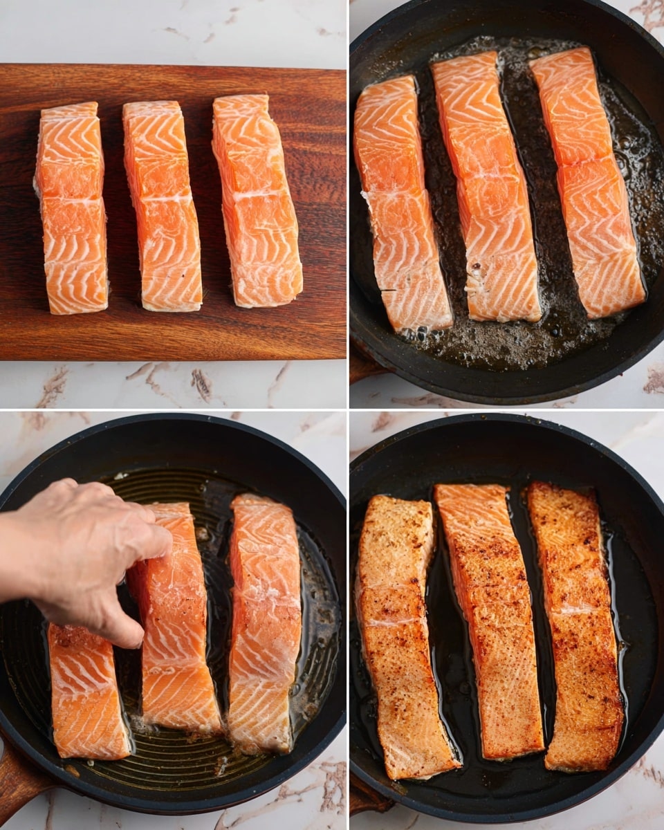 The image shows a collage of four photos focused on cooking salmon. The top left photo has three raw salmon fillets with a light orange color and white lines placed side by side on a wooden cutting board. The top right photo shows the salmon fillets now inside a black pan with oil shining around them. The bottom left photo shows a woman’s hand gently touching one of the salmon fillets while they cook in the pan. The bottom right photo shows the three salmon fillets fully browned with a golden crust on the side facing up, indicating they are cooked on one side. The background features a white marbled texture. photo taken with an iphone --ar 4:5 --v 7