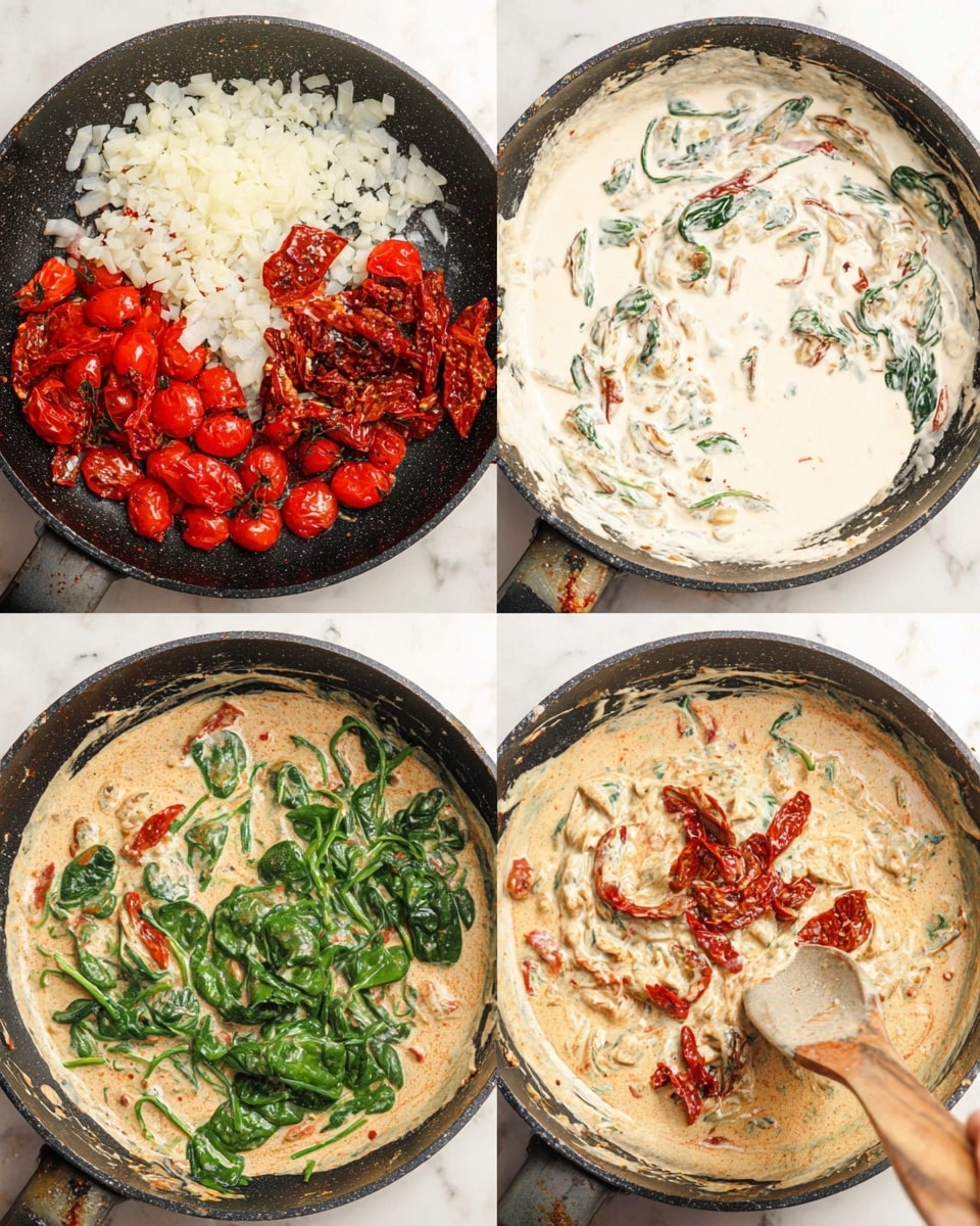 The image shows four steps of cooking a creamy tomato spinach sauce in a black pan. In the first step, there are three layers: chopped white onions, halved red cherry tomatoes, and pieces of sun-dried tomatoes spread on the bottom. In the second step, creamy white sauce is poured over the tomatoes and onions in the pan. The third step shows the sauce thickened, with a light brown and creamy texture containing pieces of tomato. In the last step, fresh green spinach leaves are added on top of the creamy tomato sauce and stirred with a wooden spoon, showing a mix of green, red, and creamy beige colors. A woman’s hand holding the spoon is visible in the last image. The whole scene is on a white marbled surface. photo taken with an iphone --ar 4:5 --v 7