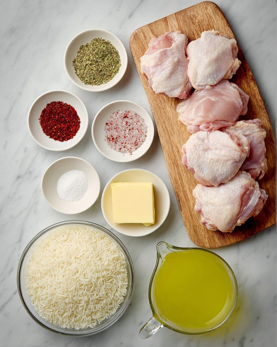 The image shows a top view of ingredients laid out on a white marbled surface. At the top right is a wooden board with several raw light pink chicken thighs. Surrounding the board are small white bowls with different ingredients: one with a green herb mix, one with a deep red spice, one with white powder, and one with a mix of pink salt and black pepper. There is a small white bowl with a block of yellow butter and a small clear bowl with oil. A clear bowl filled with uncooked white rice is placed at the bottom left, and next to it on the right is a clear glass measuring cup with a bright yellow-green liquid. photo taken with an iphone --ar 4:5 --v 7