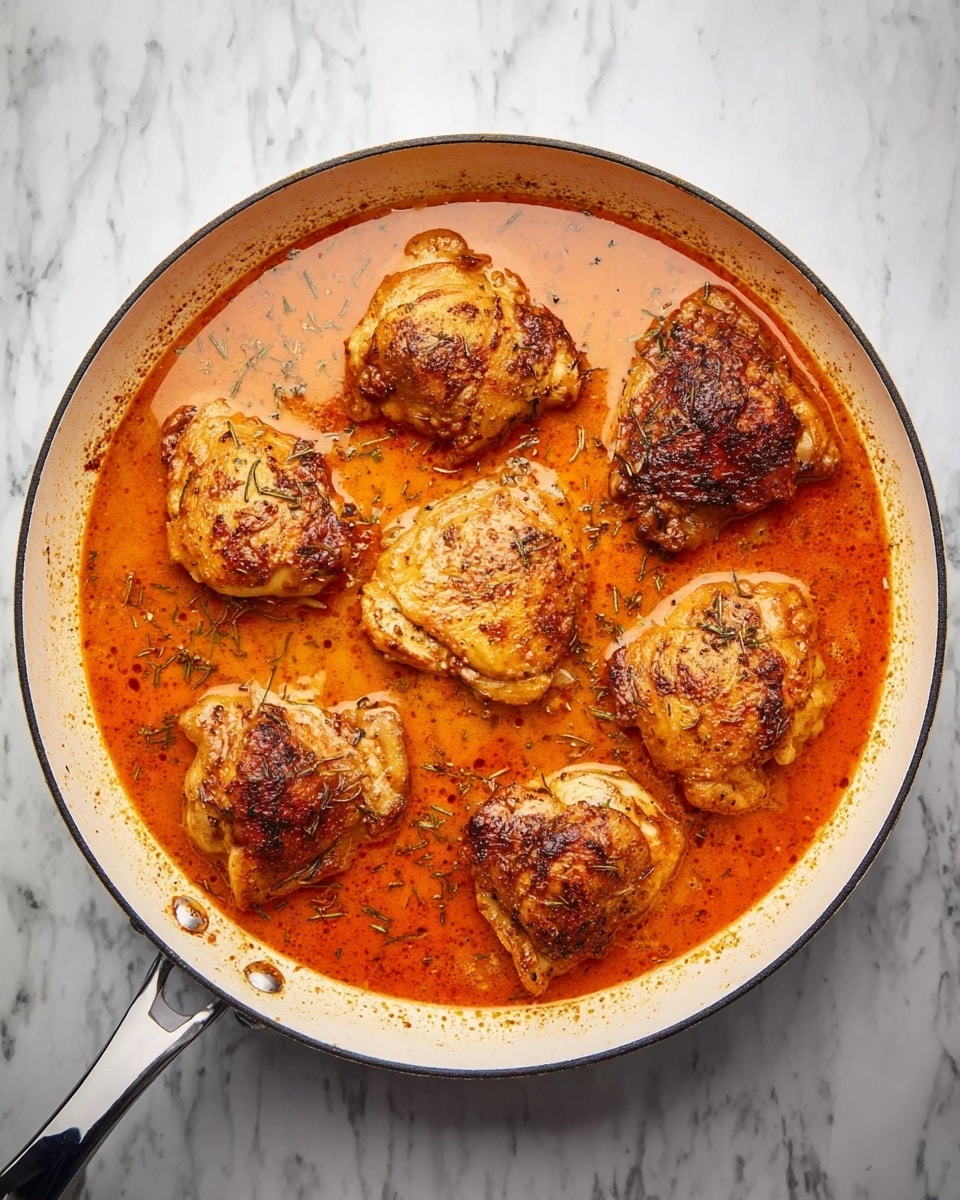 A white pan filled with six browned pieces of cooked chicken evenly placed in a circular pattern, sitting in thick orange-red sauce with visible herbs and spices. The sauce has a slightly oily surface that shines under the light. The pan is on a white marbled surface with visible details on the marbling. photo taken with an iphone --ar 4:5 --v 7
