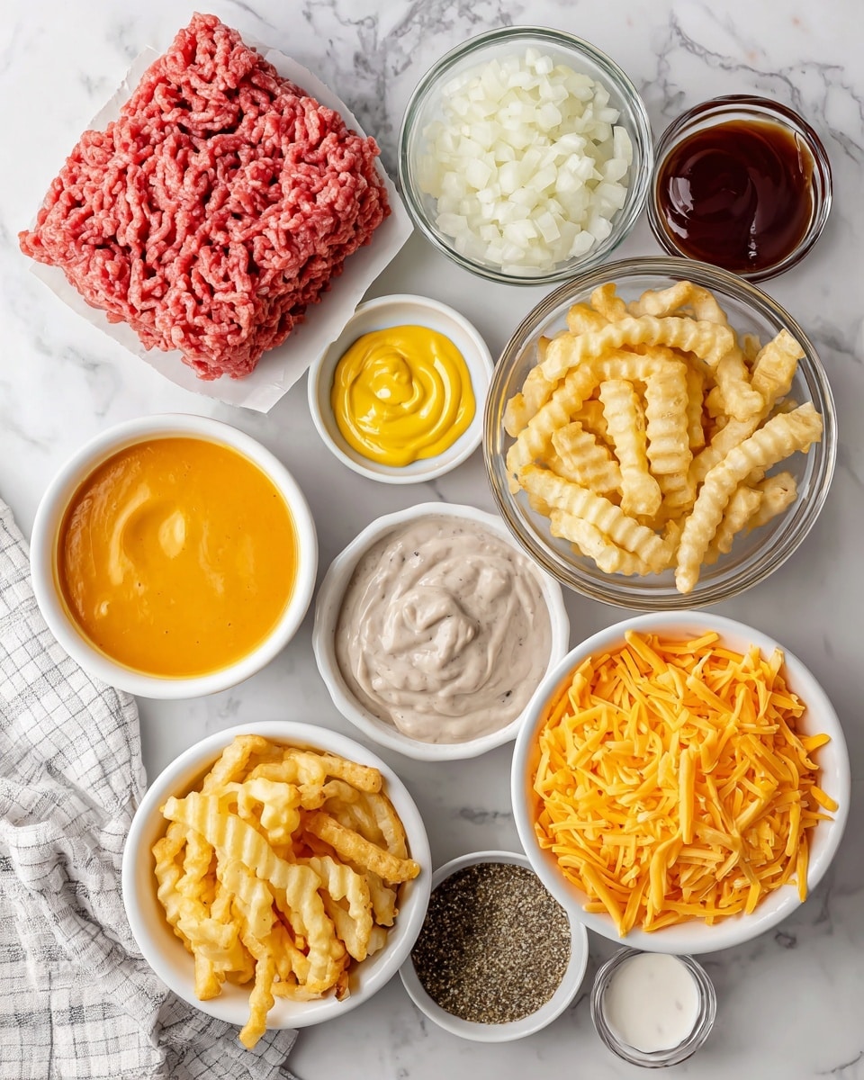 The image shows several ingredients arranged on a white marbled surface, each in its own small white bowl or clear container. There is a flat layer of raw ground beef with a pale red color and a soft texture in the top left. To the right of it is a clear glass bowl filled with small white chopped onion pieces. Below the onion is a small white bowl with smooth, bright yellow mustard. Next to it is a white bowl holding a thick, creamy, light gray cream of mushroom soup with mushroom pieces. Below this is a white bowl with a bright orange smooth cheddar cheese soup. To the right of the cream soup bowl is a larger white bowl filled with bright orange shredded cheese strands. Below the shredded cheese is a clear glass bowl filled with crinkle cut frozen french fries that are pale yellow. Also shown are a small clear bowl of dark brown Worcestershire sauce, a small measuring cup with coarse black and white steak seasoning, and a small white bowl or cup with smooth, dark red ketchup. The items are neatly spaced on the white marbled surface, with a cotton cloth visible at the bottom left. photo taken with an iphone --ar 4:5 --v 7