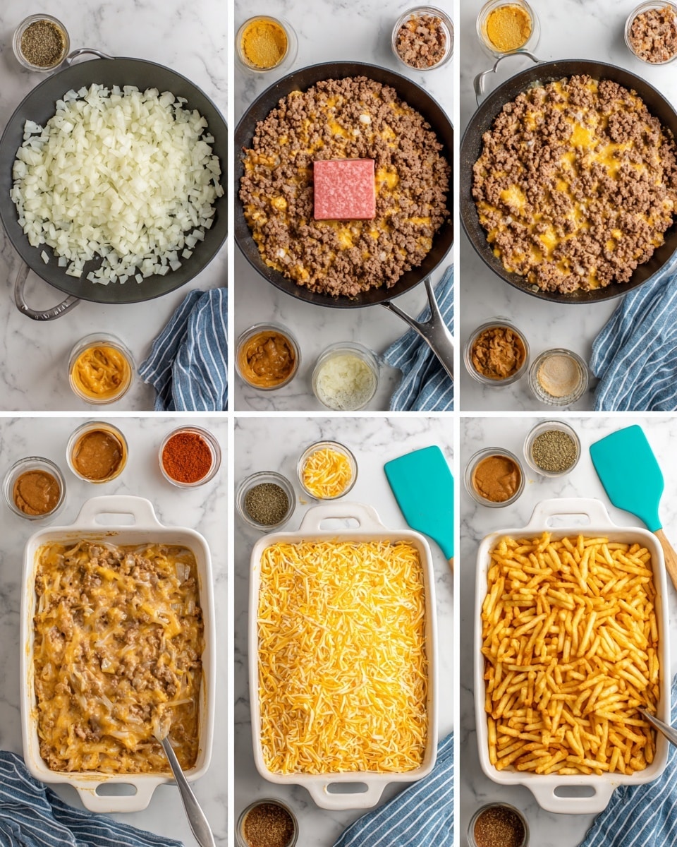 The image shows six steps of making a casserole-style dish. The first step has a black pan with chopped white onions and a square of pink raw ground meat in the center on a white marbled surface with small bowls of spices and sauces around. The second step shows the cooked ground meat mixed with brown and yellow sauces in the pan. The third step shows the mixture fully combined, light brown with a creamy texture filling the pan. The fourth step shows this cooked mixture spooned into a white rectangular dish, filling it evenly. The fifth step shows a large layer of shredded orange cheese spread on top of the mixture in the white dish. The final step shows the dish topped with a thick layer of crinkle-cut fries, ready for baking. A teal spatula and a striped blue towel are beside the pan and dish in all images. Photo taken with an iphone --ar 4:5 --v 7