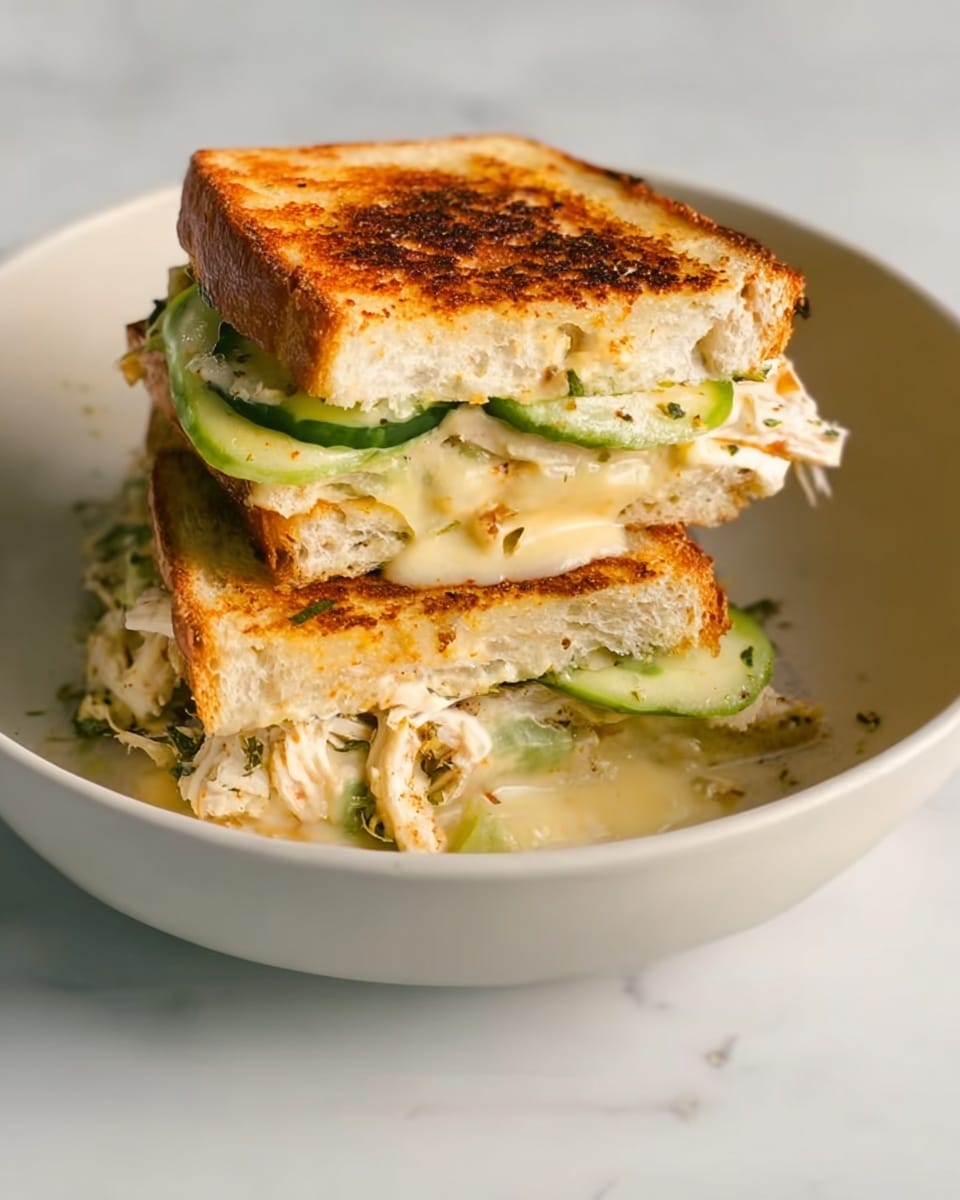 The image shows a sandwich cut in half, placed in a white bowl. The sandwich has three layers of bread that are lightly toasted and golden brown on the outside. Between the bread layers, there is a creamy yellow cheese sauce melted and dripping slightly at the edges, a layer of sliced green cucumbers, and shredded white meat mixed with some herbs. The bowl is set on a white marbled surface. The lighting highlights the textures and colors of the sandwich, making it look fresh and tasty. photo taken with an iphone --ar 4:5 --v 7