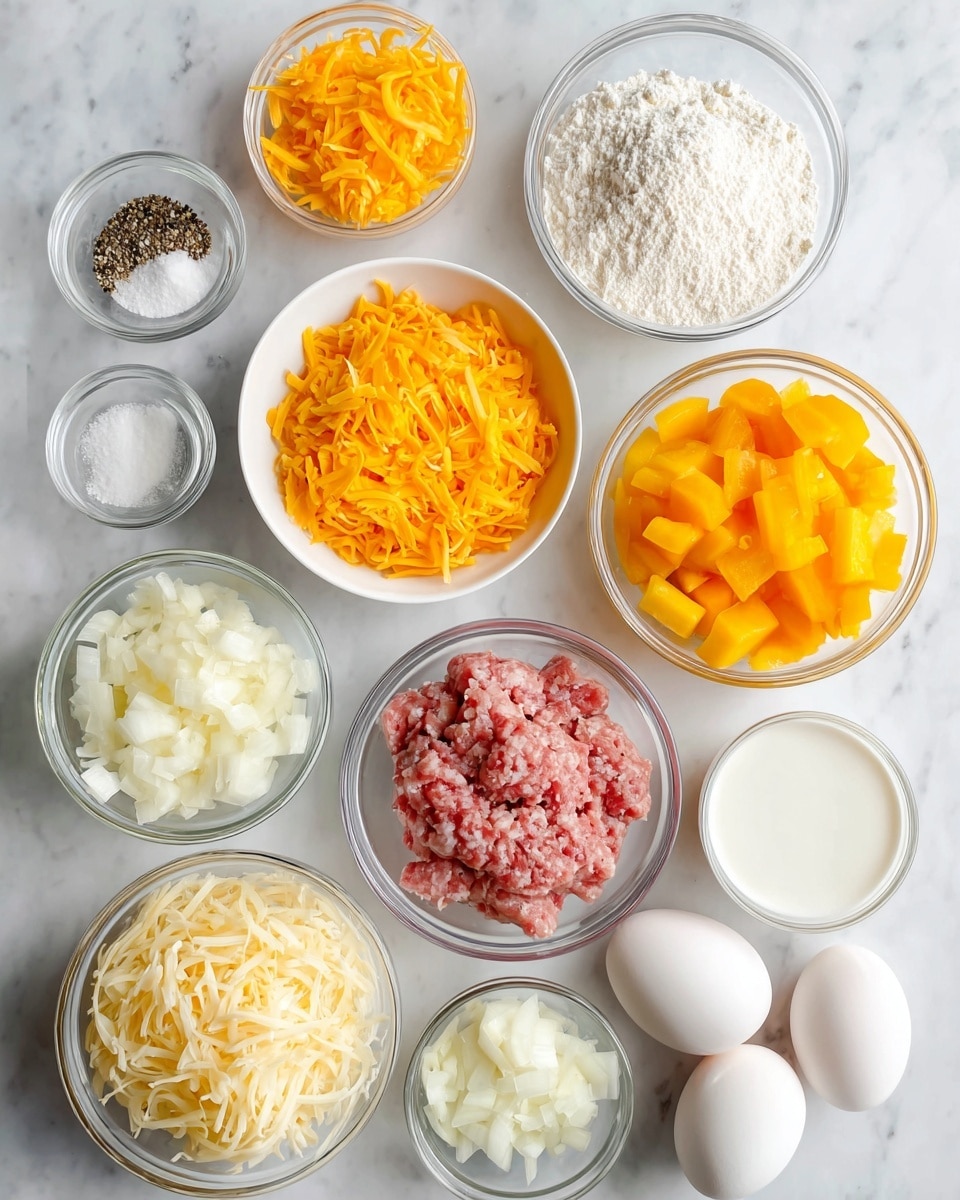 The image shows nine clear or white bowls arranged on a white marbled surface, each containing a separate cooking ingredient. Starting from the top left, there is a small clear bowl with salt and pepper, next to it a white bowl filled with shredded cheddar cheese that is bright orange. Below the salt and pepper is a white bowl with raw breakfast sausage, which is pink and white with a textured, uneven surface. To the right of the sausage is a clear bowl with white Bisquick mix flour, smooth on top. Below the sausage is a small clear bowl with white milk. Next to the milk is a clear bowl with diced bright yellow bell pepper. To the right of the bell pepper is a small clear bowl with chopped white onion, which has a soft, slightly translucent texture. Below the bell pepper is a white bowl full of shredded hash browns, thin pale yellow strips. Below the onion is a clear bowl holding four whole white eggs. The bowls are neatly spaced on the white marbled background. photo taken with an iphone --ar 4:5 --v 7