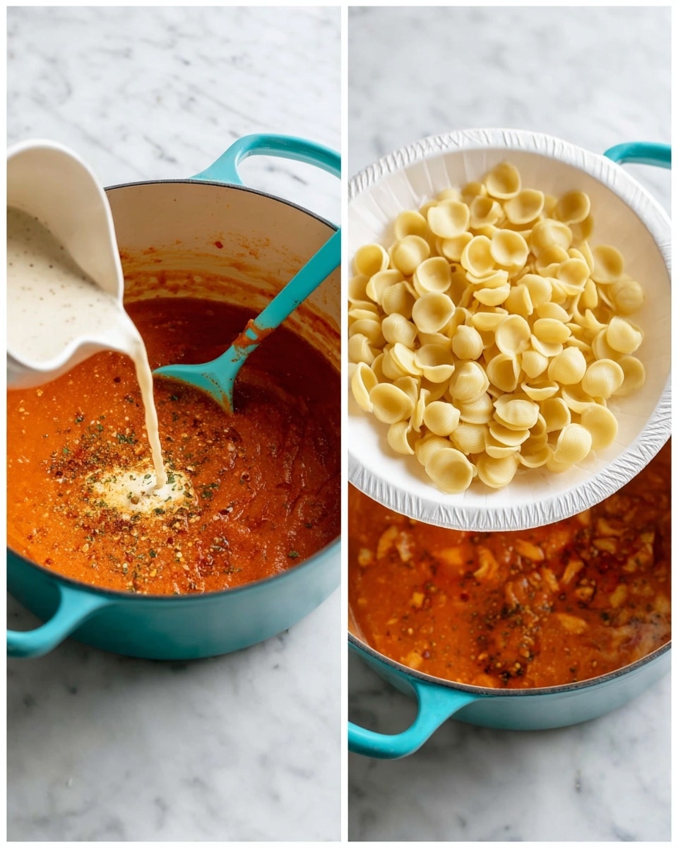 The image shows two scenes side by side on a white marbled surface. In the left scene, a white jug with light cream sauce and green herbs is being poured into a large white pot with turquoise handles, which contains a reddish-orange tomato sauce with visible spices. Inside the pot rests a turquoise spatula. In the right scene, a white paper plate filled with small, pale yellow round pasta is tilted, pouring the pasta into the white pot with the reddish-orange sauce, which now appears more mixed and slightly bubbly. photo taken with an iphone --ar 4:5 --v 7