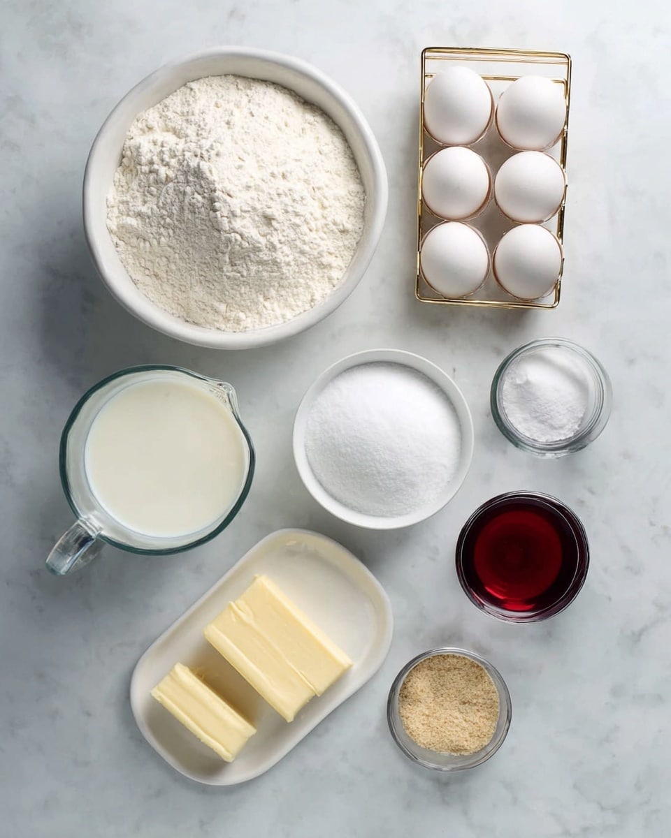 A top-down view shows eight ingredients carefully arranged on a white marbled surface: a large white bowl filled with white flour with a slightly uneven surface, a slightly smaller white bowl full of white sugar with a smooth surface, two pale yellow butter sticks placed side by side on a white plate, a clear glass measuring cup filled with white milk, four white eggs neatly placed in a gold metal rack, a small silver bowl containing a red liquid, a small white bowl with light brown crumbly powder, and a tiny silver bowl holding white baking soda powder. photo taken with an iphone --ar 4:5 --v 7