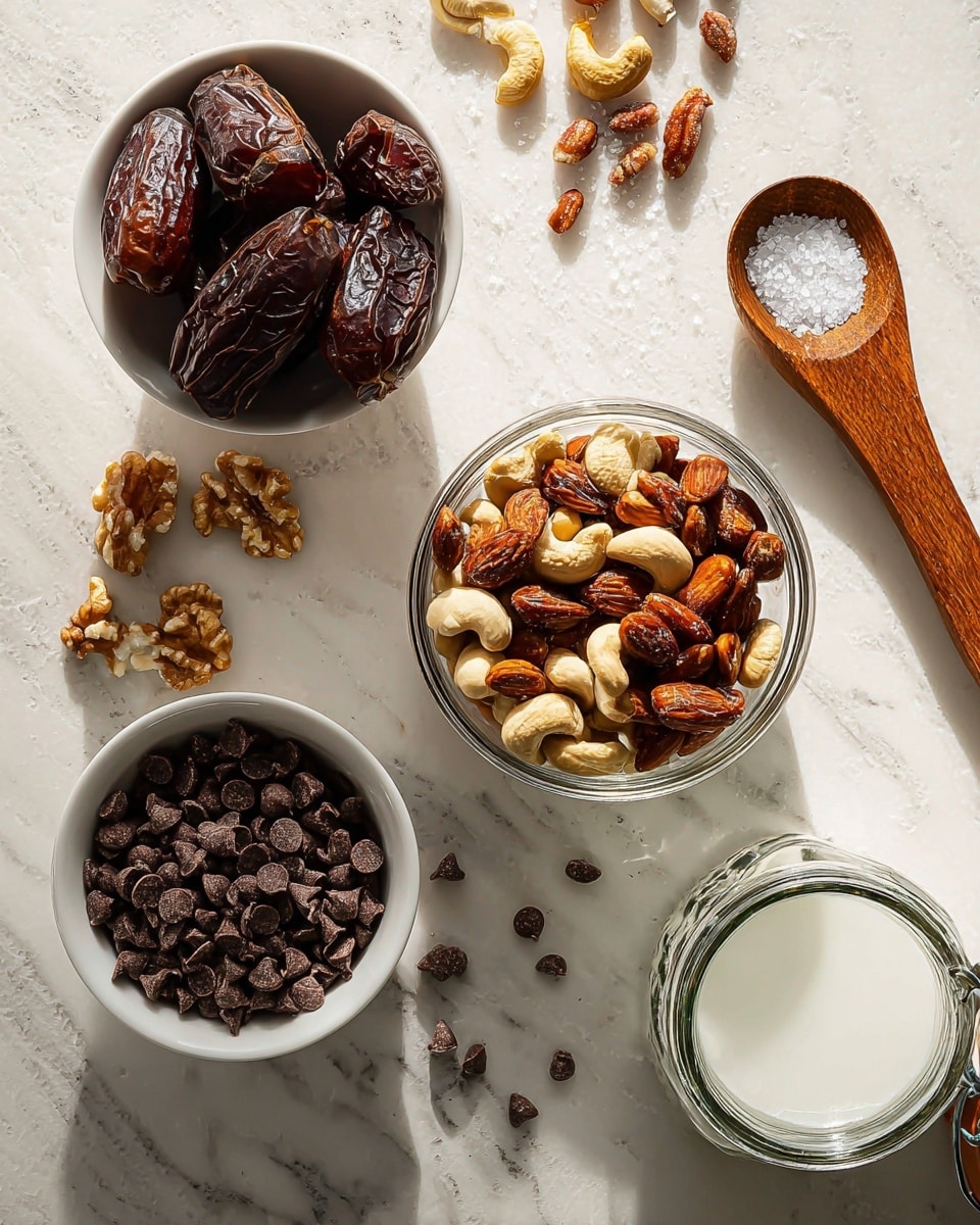 The image shows an arrangement of ingredients on a white marbled surface. There are three main white bowls: one filled with dark brown chocolate chips at the bottom left, another filled with mixed nuts including walnuts, cashews, and almonds at the right center, and a clear glass bowl filled with large dark brown dates at the top center. Around the bowls, there are scattered nuts, a small wooden bowl with coarse salt and a wooden spoon at the top right, a salt shaker below the nuts bowl, and an open jar of solid white coconut oil at the bottom right. The scene is bright with natural light, showing rich textures and colors of the ingredients clearly photo taken with an iphone --ar 4:5 --v 7