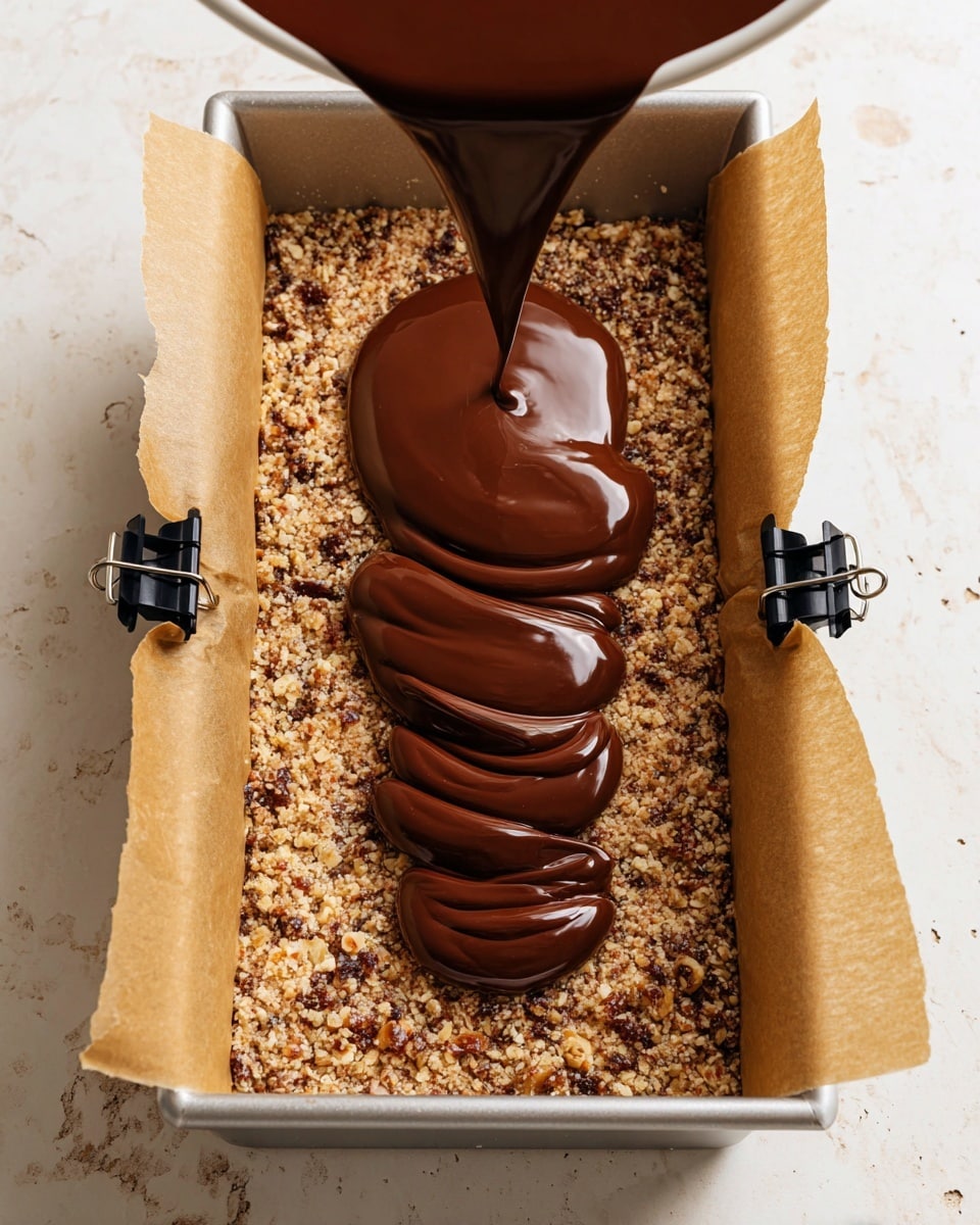 The image shows a rectangular baking tin lined with brown parchment paper secured with black clips on each side, filled with a coarse, crumbly nut and date mixture that creates a textured, multicolored base layer of light browns, tans, and small dark bits. On top of this base, a smooth layer of glossy melted chocolate is being poured in the center, forming thick, wavy ribbons of deep brown that spread downward from a white bowl at the bottom edge of the frame. The whole scene is set against a white marbled surface, enhancing the colors of the ingredients clearly. Photo taken with an iphone --ar 4:5 --v 7