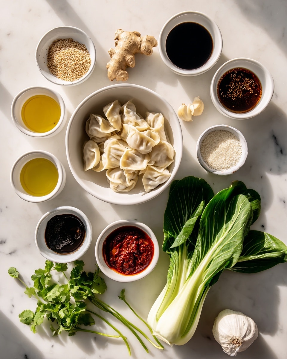 The image shows various ingredients laid out on a white marbled surface. In the center, there is a white bowl filled with pale, folded dumplings. To the right of the bowl is a fresh stalk of bok choy with dark green leaves and a thick white stem. Above the bok choy, a white bowl contains light brown sesame seeds. Next to the sesame seeds is another white bowl with dark red chili oil. Above the dumplings is a small white bowl filled with dark soy sauce, and to its left, a white bowl with clear vinegar. To the left of the dumplings, a small white bowl has golden-yellow oil, below it is a white bowl with vibrant red curry paste, and near the bottom of the image, a white bowl holds white coconut milk. Fresh green cilantro is placed near the bottom left corner, while a green scallion with roots is positioned on the far left. A bulb of garlic sits near the top left, and beside it is a small white plate holding ground ginger. The lighting creates soft shadows, and all items are arranged neatly for a clear view. Photo taken with an iphone --ar 4:5 --v 7