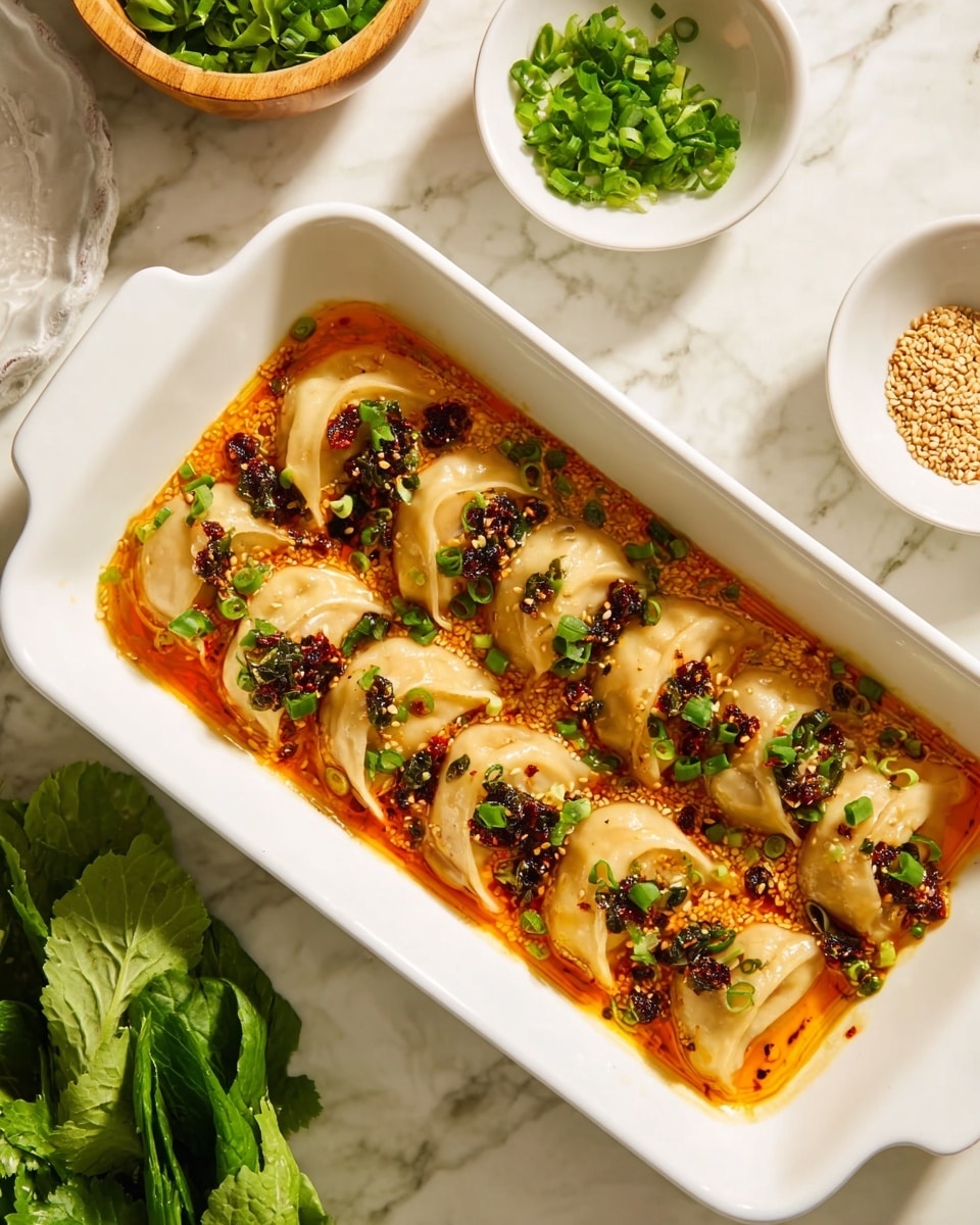 A white square dish with handles on both sides filled halfway with a light brown sauce, topped with chopped green leafy vegetables mainly on the right side, and six half-moon shaped dumplings evenly arranged in a row on the left side just above the sauce. Above the dish, a white round bowl holds more uncooked dumplings, piled loosely. The entire scene is set on a white marbled surface with soft natural light and subtle shadows. Photo taken with an iphone --ar 4:5 --v 7