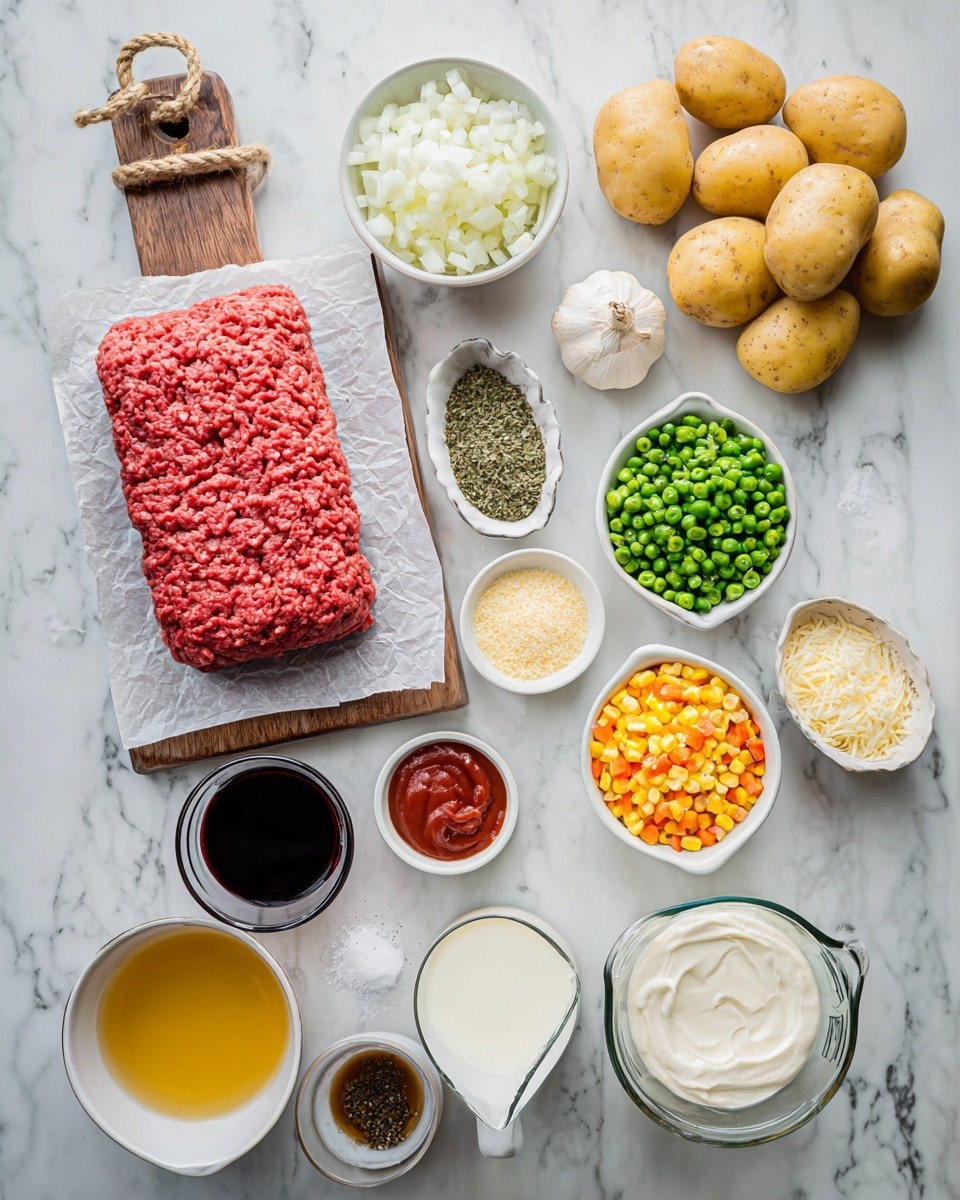 The image shows raw ingredients laid out on a white marbled surface, including a rectangular block of bright red ground meat placed on white paper on top of a wooden cutting board with a rope loop. Four unpeeled yellow potatoes are arranged in the top right corner next to a unpeeled garlic bulb. Several small white bowls and a glass measuring cup hold various ingredients: one bowl with chopped white onions, another with mixed frozen vegetables of bright green beans, orange carrots, yellow corn, and green peas, a small bowl of tomato paste, one with light yellow fine breadcrumbs, melted butter in a clear glass bowl, and a bowl of thick white cream or sour cream. A small white dish holds a mix of salt and pepper with dried green herbs. Two white bowls hold a golden yellow oil and a dark brown soy or Worcestershire sauce. A clear glass measuring cup contains brown broth or stock. A white measuring cup is filled with a pale cream liquid, possibly milk. A glass of red wine is also visible near the top center. Everything is spaced evenly with soft natural light, showing clear textures of the ingredients. photo taken with an iphone --ar 4:5 --v 7