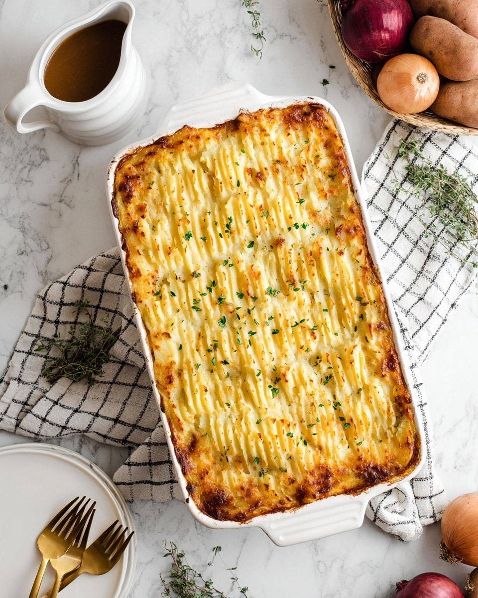 The image shows a white rectangular baking dish filled with a baked casserole that has a golden-brown top layer. The top layer is mashed potatoes with ridges made by a fork, browned slightly at the edges, and sprinkled with small green herbs. The casserole sits on a white marbled surface next to a small white pitcher with brown gravy, a white plate, some thyme sprigs, and a black and white checkered cloth with three gold forks on it. There is also a basket with an onion, garlic, and red potatoes. photo taken with an iphone --ar 4:5 --v 7