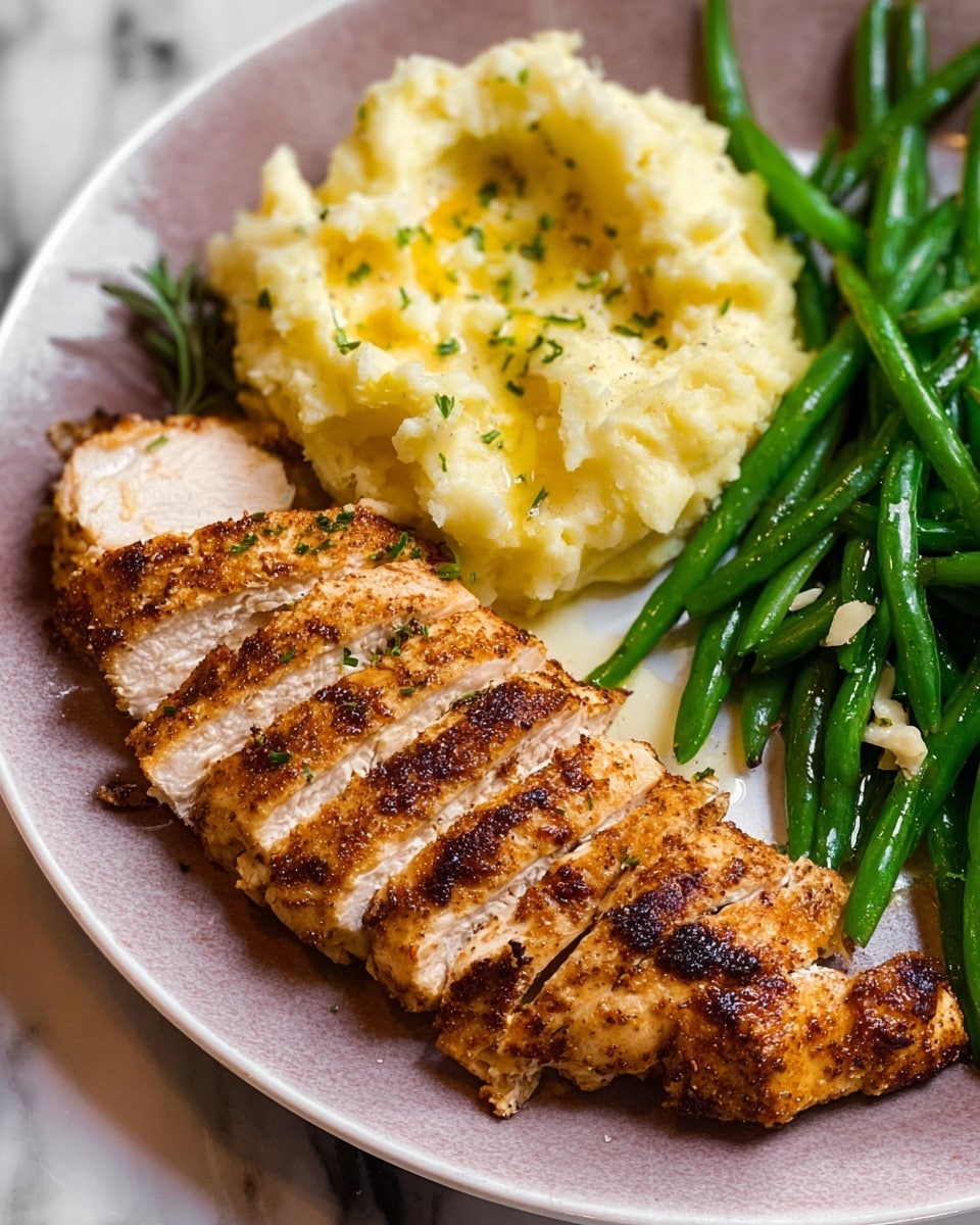 A white plate holds six slices of cooked chicken in a row on the left side, showing a light golden brown outer layer with a tender, moist inner texture. On the right side of the plate, there is a pile of mashed potatoes with a creamy, slightly lumpy texture topped with a small rosemary sprig for garnish. Next to the mashed potatoes, a heap of green beans is placed, shiny and cooked but still bright green, adding a fresh contrast. The plate is set on a white marbled surface, with some blurred green and purple plants in the background. photo taken with an iphone --ar 4:5 --v 7