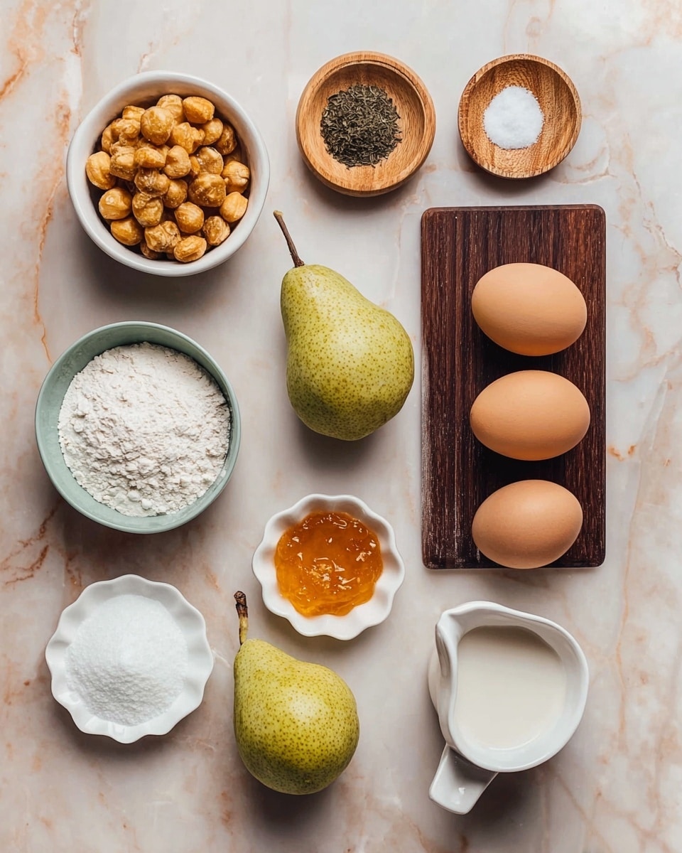 This image shows a top view of various cooking ingredients arranged neatly on a white marbled surface. At the top left, there is a white bowl filled with golden brown nuts, next to two small round wooden bowls, one with dark green spices and the other with white salt. To the right, there is a dark wooden board holding three brown eggs. Below the nuts is a white bowl with white flour, followed by a green pear with a brown stem placed in the center. At the bottom left, there is a white bowl filled with fine white sugar, next to a small white scalloped dish holding orange jam. Finally, at the bottom right, there is a small white pitcher with a liquid inside. photo taken with an iphone --ar 4:5 --v 7