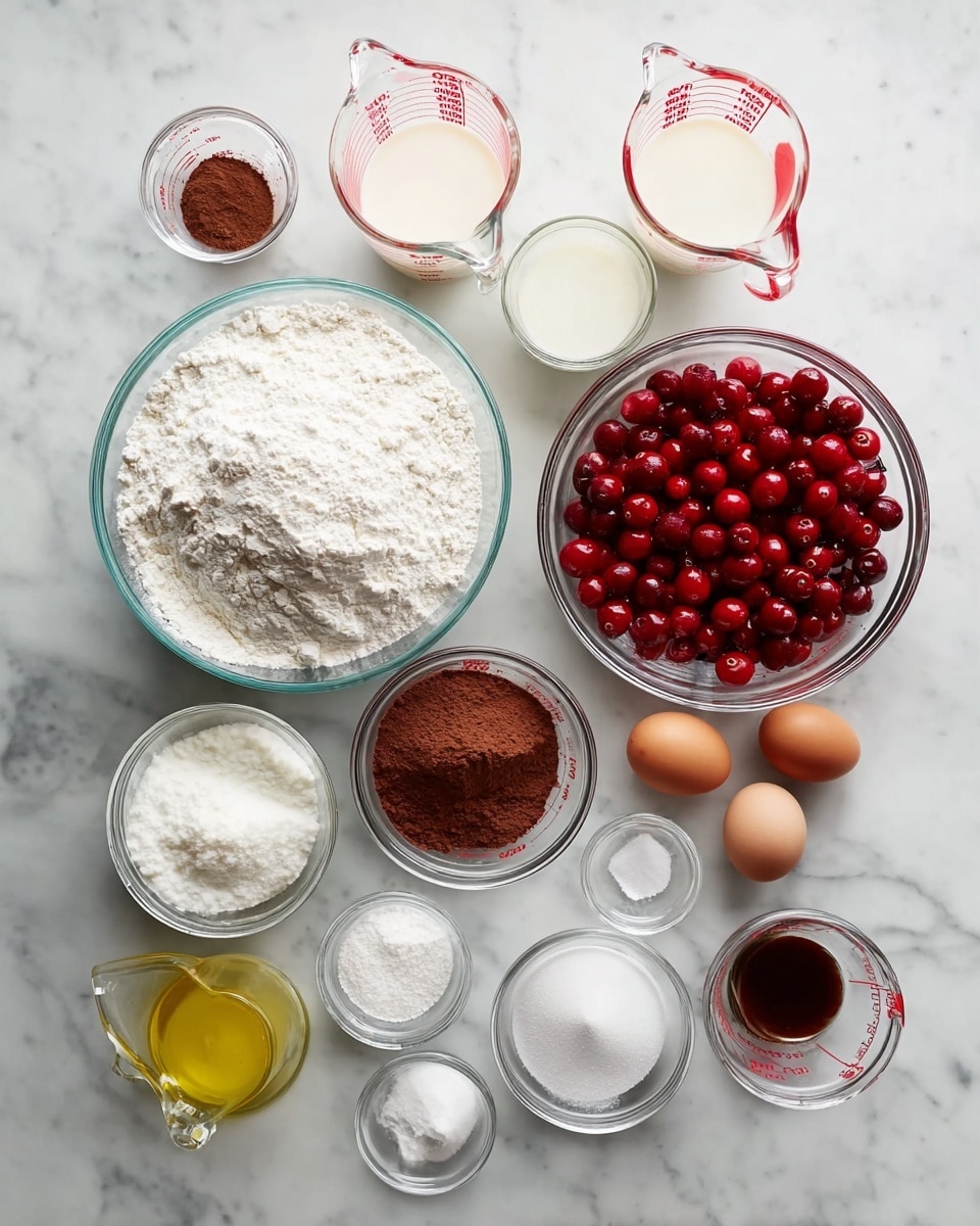 The image shows many clear glass bowls and measuring cups with different baking ingredients organized on a white marbled surface. At the top center is a large round bowl filled with white flour, surrounded by three measuring cups containing milk and another liquid, all clear with red markings. To the right is a large bowl filled with bright red cherries in juice. Below the flour bowl are smaller round bowls containing brown cocoa powder, white sugar, white powdered sugar, and some white baking powder, along with two small glass bowls of vanilla and another dark liquid. On the bottom left, a small bowl holds three raw eggs, and next to it is a measuring cup with clear oil. Everything is clean and spaced evenly, showing the bright colors and textures clearly. Photo taken with an iphone --ar 4:5 --v 7
