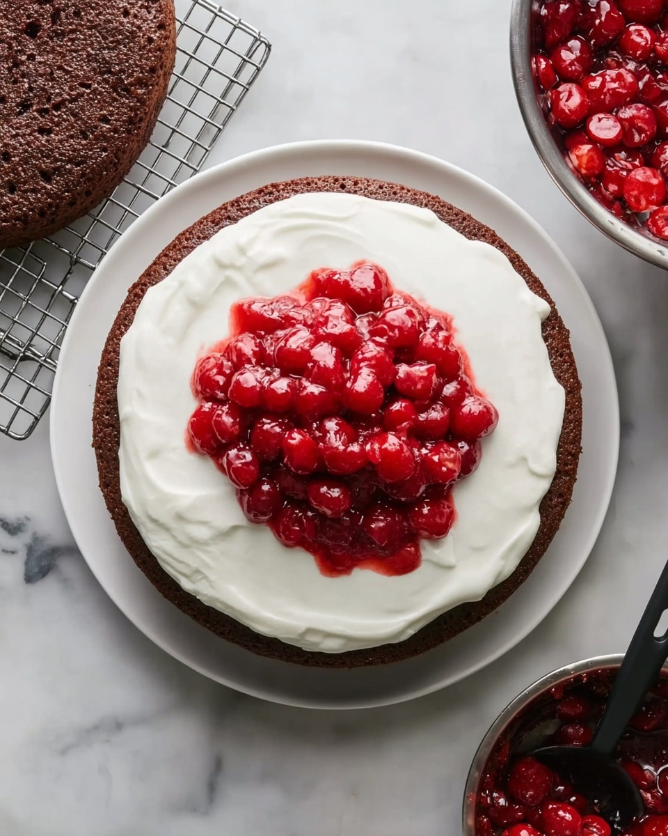 A single layer of dark brown cake sits centered on a round white glass plate on a white marbled surface. The cake is topped with an even layer of smooth white frosting, covering the top fully. On top of the frosting, near the center, there is a thick, chunky layer of bright red cherry topping with whole cherries visible, spread in an irregular round shape. To the left of the plate, there is another dark brown cake layer resting on a wire rack, and to the right, a metal bowl filled with more of the red cherry topping and a black ladle resting inside. Photo taken with an iphone --ar 4:5 --v 7