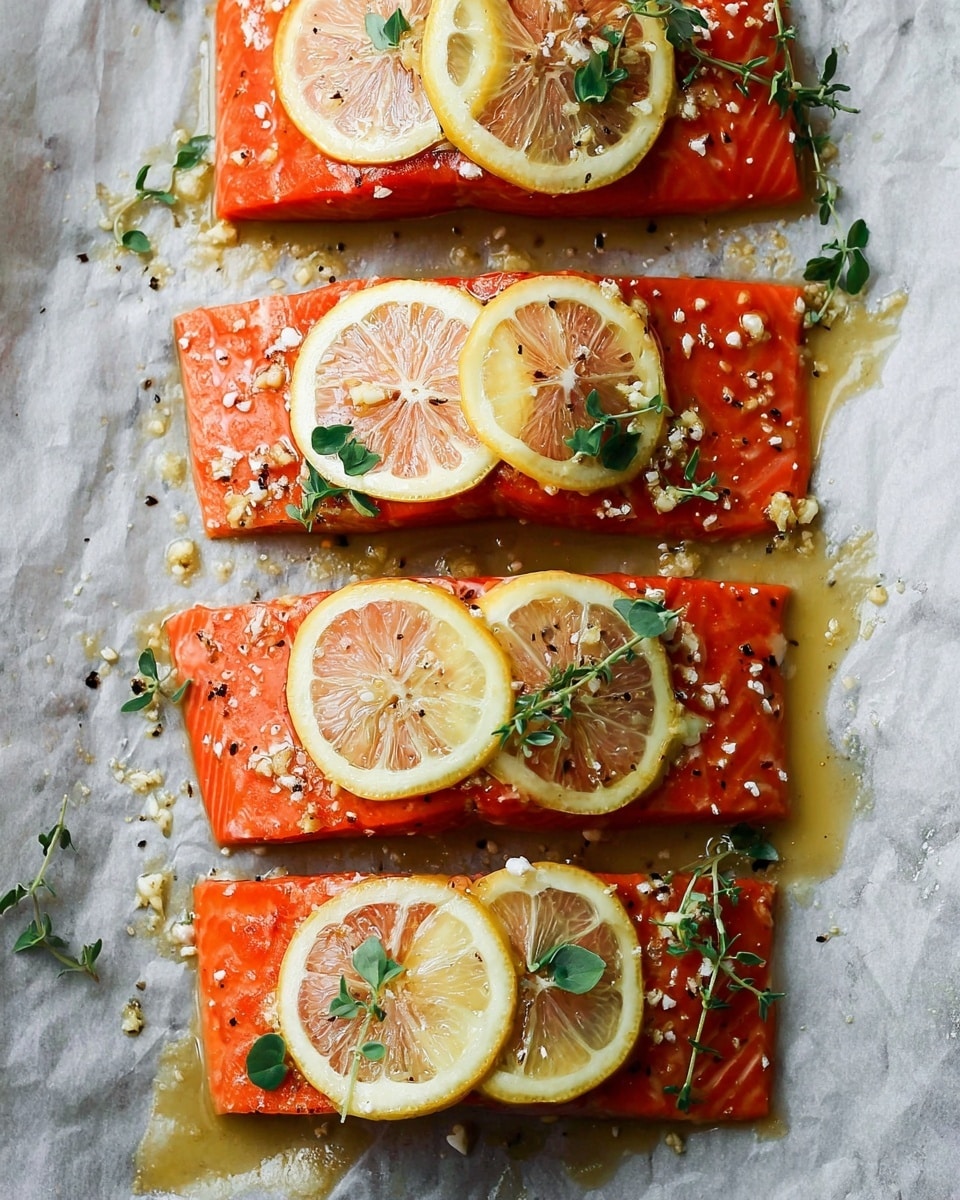 Four pieces of bright orange salmon fillets are arranged in a vertical line on a white marbled surface covered with parchment paper. Each piece is topped with two thin lemon slices placed slightly overlapping, with small green herb leaves scattered on top and around. The salmon has a shiny, moist texture from a light drizzle of oil and some crushed pepper and garlic bits sprinkled over it. The colors contrast well with the white marbled background, making the salmon, lemon and herbs stand out. photo taken with an iphone --ar 4:5 --v 7