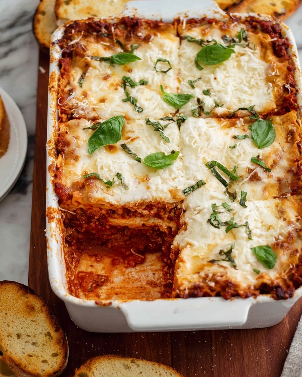 The image shows a white rectangular baking dish filled with a layered lasagna cut into four big pieces. The top layer is golden melted cheese with a slightly melted texture, dotted with fresh green basil leaves. The dish reveals three visible layers beneath the cheese: a thick red tomato sauce, a layer of soft, cooked pasta, and a mix of melted cheese and sauce at the bottom. The edges of the dish have some sauce stains, adding a rustic feel. The baking dish sits on a wooden surface with toasted bread slices nearby, all placed on a white marbled background. Photo taken with an iphone --ar 4:5 --v 7