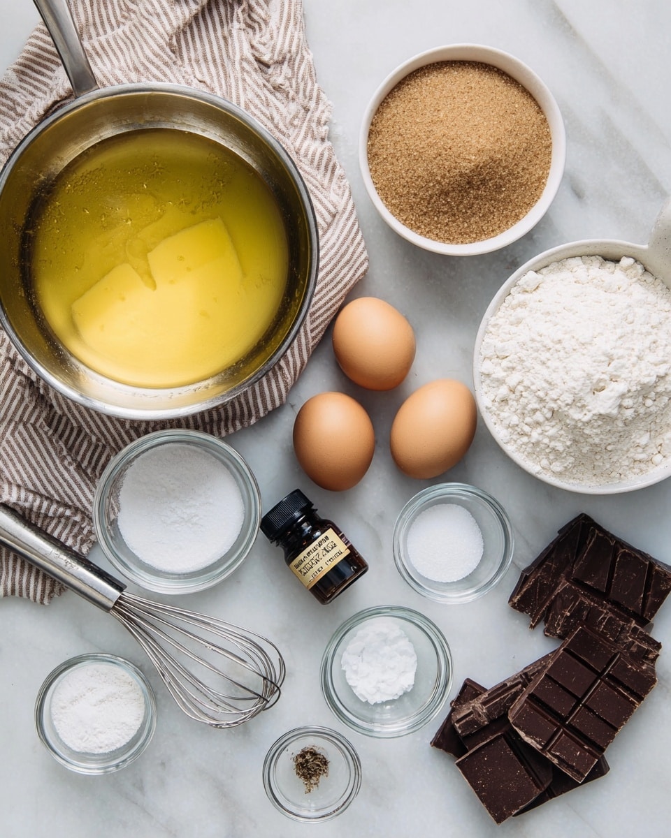 A flat lay of baking ingredients is arranged neatly on a white marbled surface. On the left, there is a silver pan filled with melted yellow butter resting on a striped cloth. Above the pan, there is a whisk. To the right, a small white bowl holds light brown sugar, and next to it, a glass bowl contains white flour. Two brown eggs are placed side by side near the center. Nearby, a small dark brown bottle of vanilla extract is surrounded by small glass bowls holding white powder ingredients, likely baking soda and salt. On the right side, there are several pieces of dark chocolate arranged in a small pile. The setup is clean and well-organized, with soft natural lighting. photo taken with an iphone --ar 4:5 --v 7